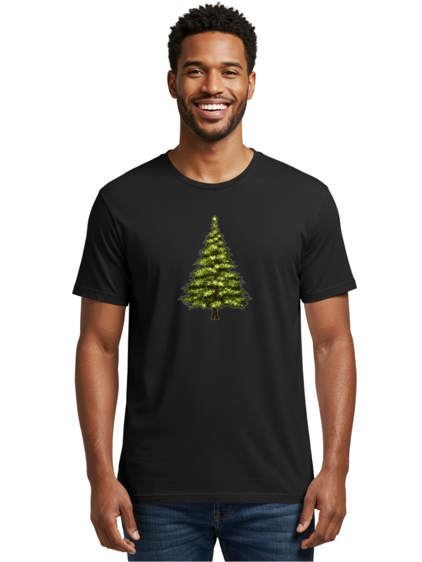 Christmas-Tree-4 Men'S Graphic Tee, 100% Cotton, Comfortable Casual Summer Wear, Machine Washable, Christmas Tree, Christmas Lights, Festive Decoration, Holiday Season, Winter Wonderland, Christmas Magic, Twinkling Lights, Evergreen Tree, Bab752