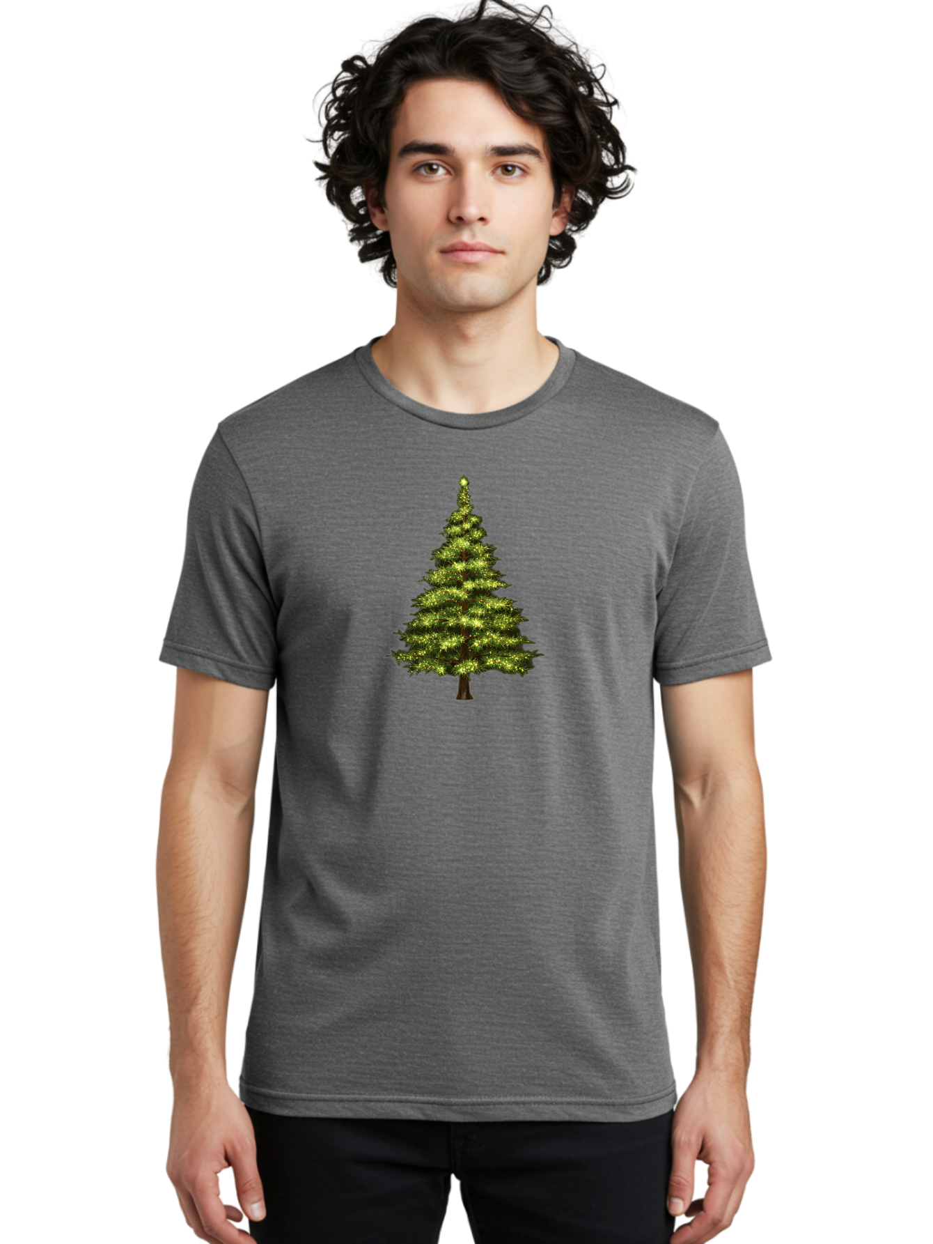 Christmas-Tree-4 Men'S Graphic Tee, 100% Cotton, Comfortable Casual Summer Wear, Machine Washable, Christmas Tree, Christmas Lights, Festive Decoration, Holiday Season, Winter Wonderland, Christmas Magic, Twinkling Lights, Evergreen Tree, Bab752