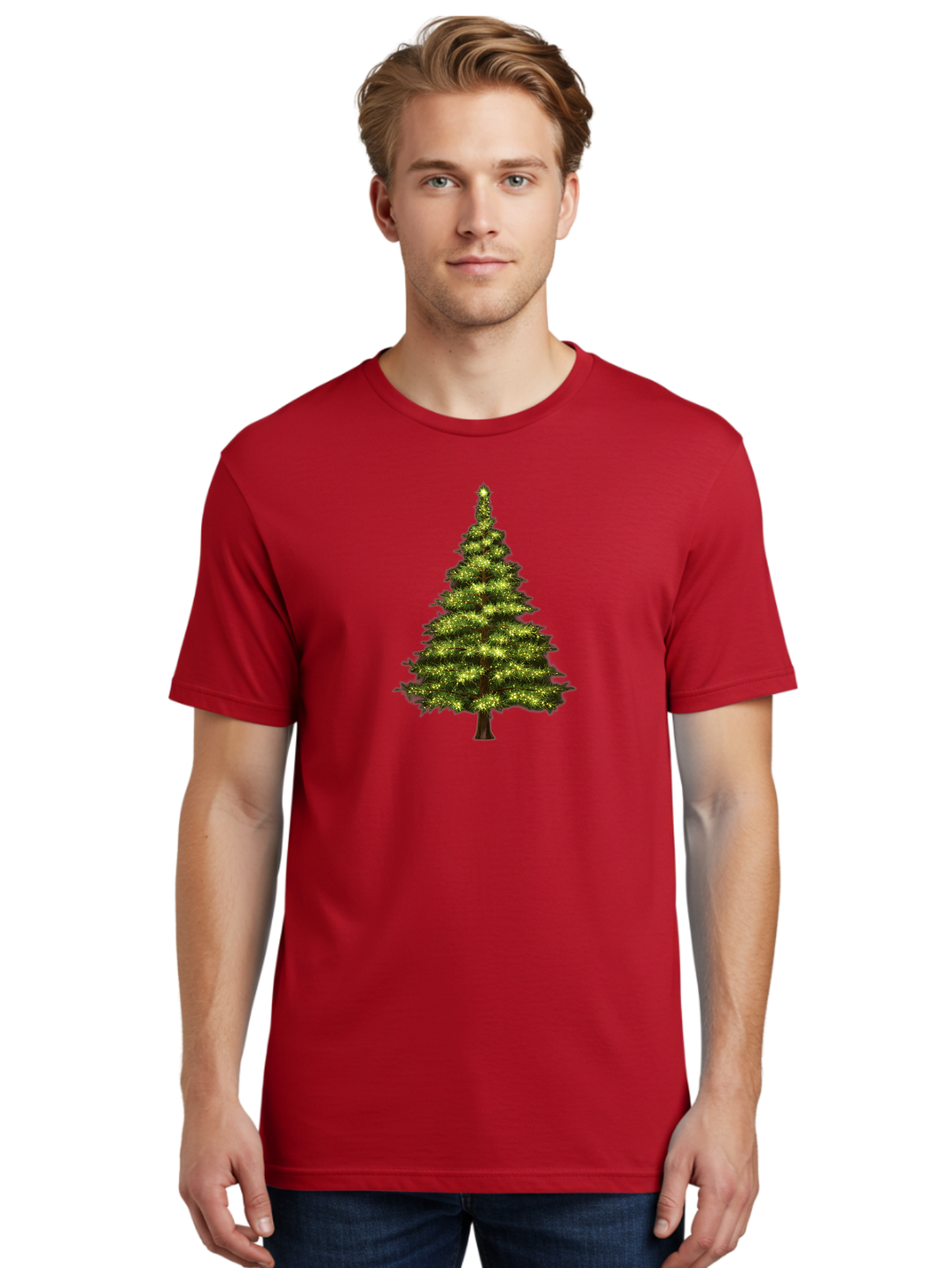 Christmas-Tree-4 Men'S Graphic Tee, 100% Cotton, Comfortable Casual Summer Wear, Machine Washable, Christmas Tree, Christmas Lights, Festive Decoration, Holiday Season, Winter Wonderland, Christmas Magic, Twinkling Lights, Evergreen Tree, Bab752