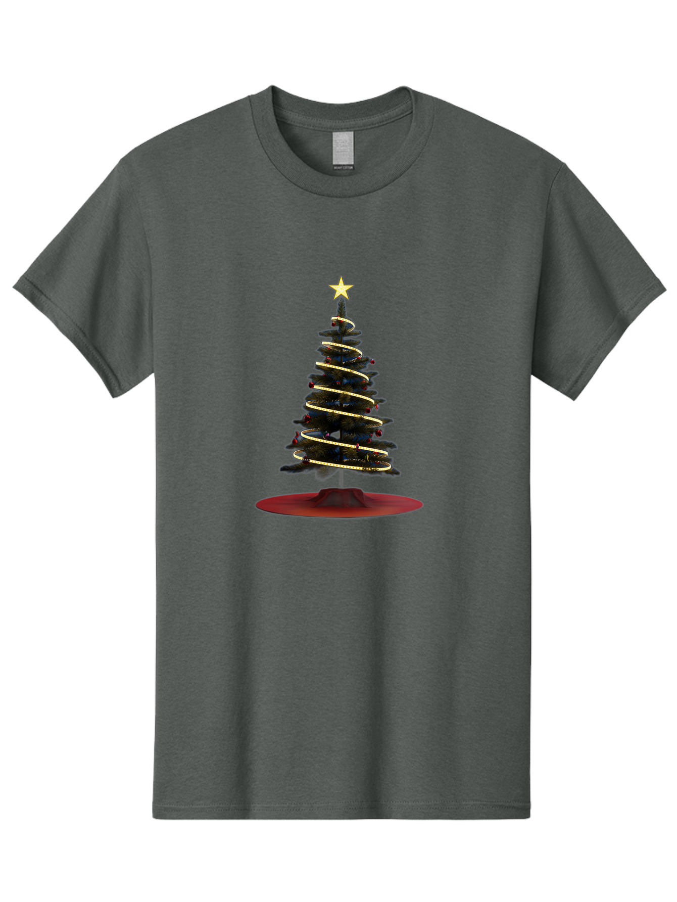 Christmas-Tree Men'S Graphic Tee, 100% Cotton, Comfortable Casual Summer Wear, Machine Washable, Christmas Tree Decoration, Holiday Season, Festive Atmosphere, Spiral Gold Ribbon, Star Topper, Christmas Tree Lights, Winter Wonderland, Bab753