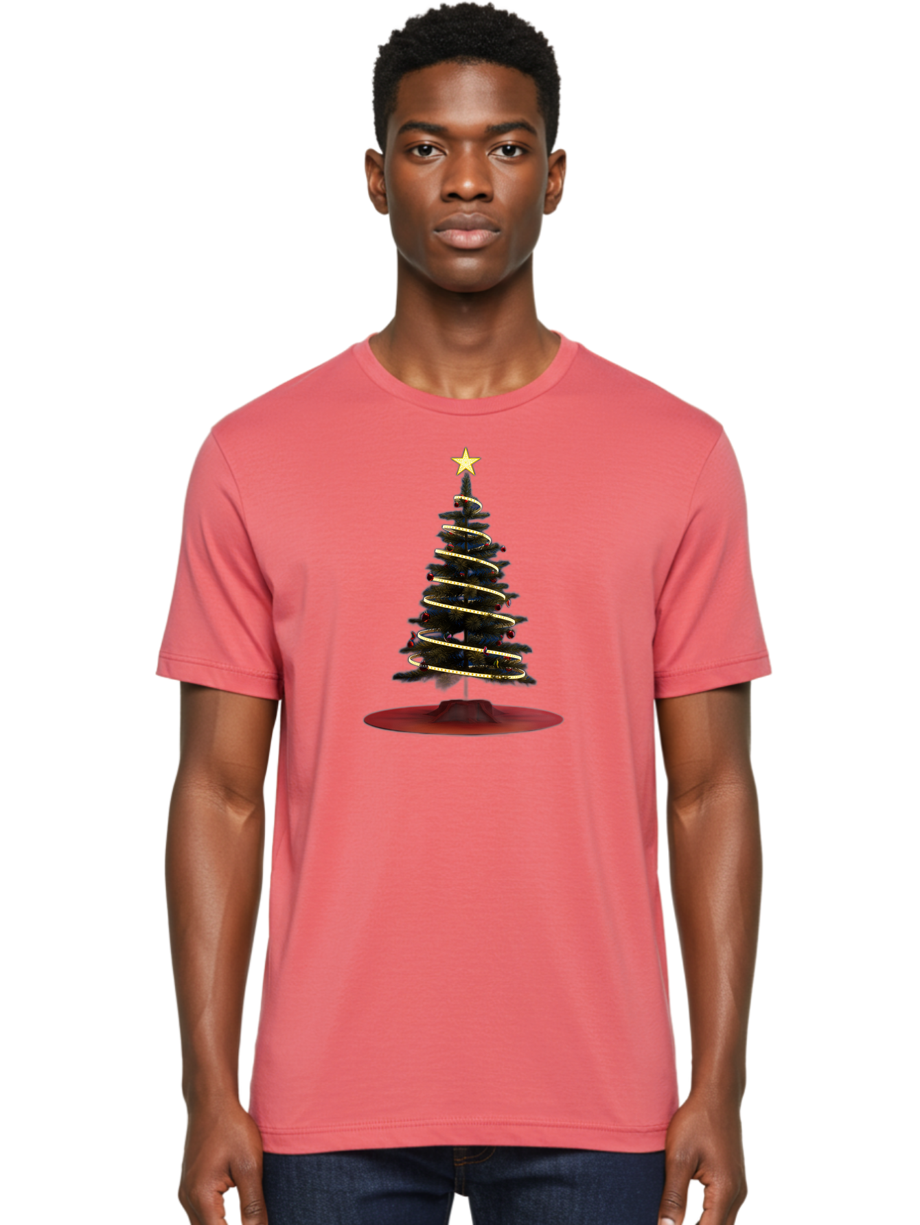 Christmas-Tree Men'S Graphic Tee, 100% Cotton, Comfortable Casual Summer Wear, Machine Washable, Christmas Tree Decoration, Holiday Season, Festive Atmosphere, Spiral Gold Ribbon, Star Topper, Christmas Tree Lights, Winter Wonderland, Bab753