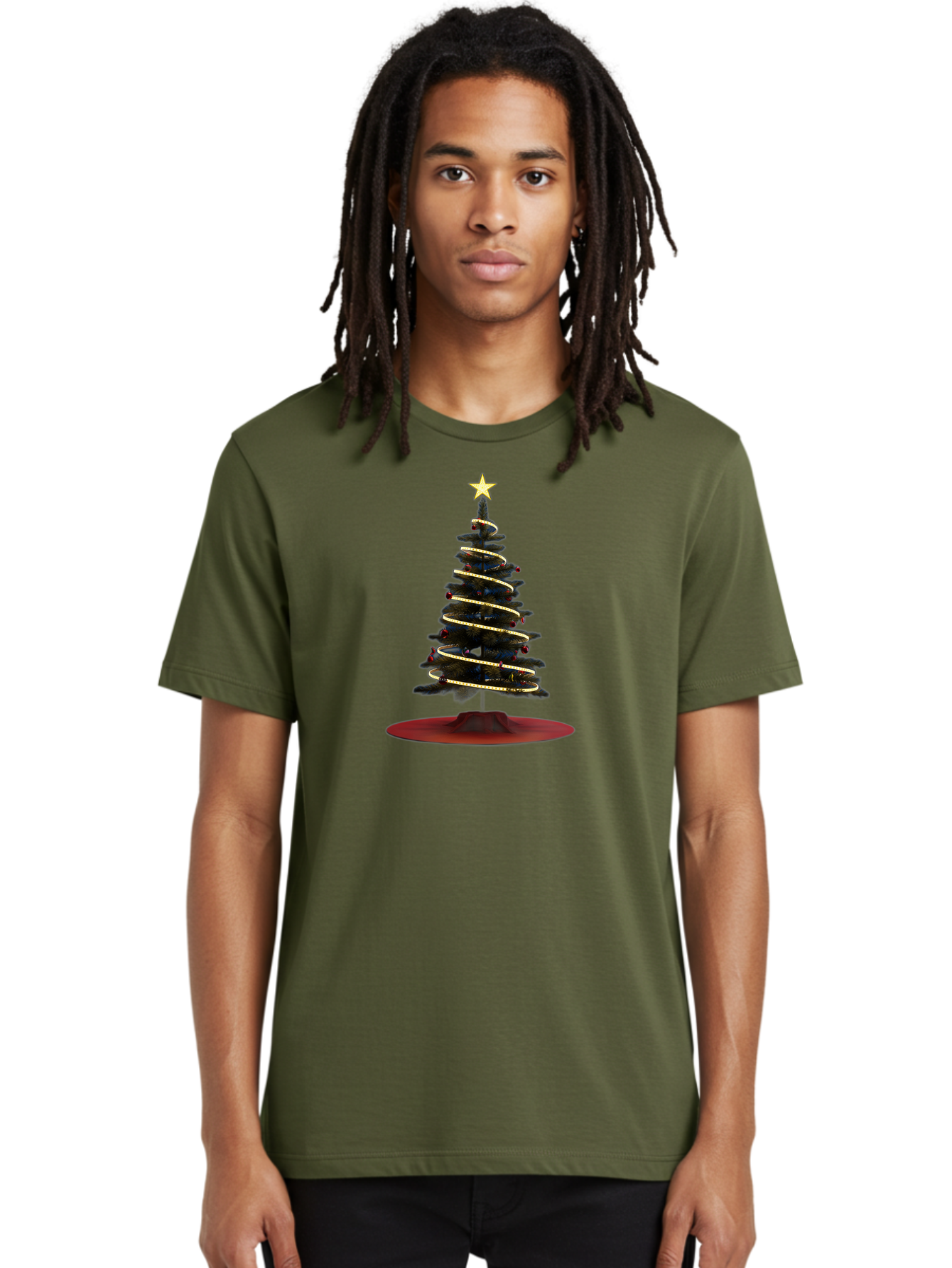Christmas-Tree Men'S Graphic Tee, 100% Cotton, Comfortable Casual Summer Wear, Machine Washable, Christmas Tree Decoration, Holiday Season, Festive Atmosphere, Spiral Gold Ribbon, Star Topper, Christmas Tree Lights, Winter Wonderland, Bab753