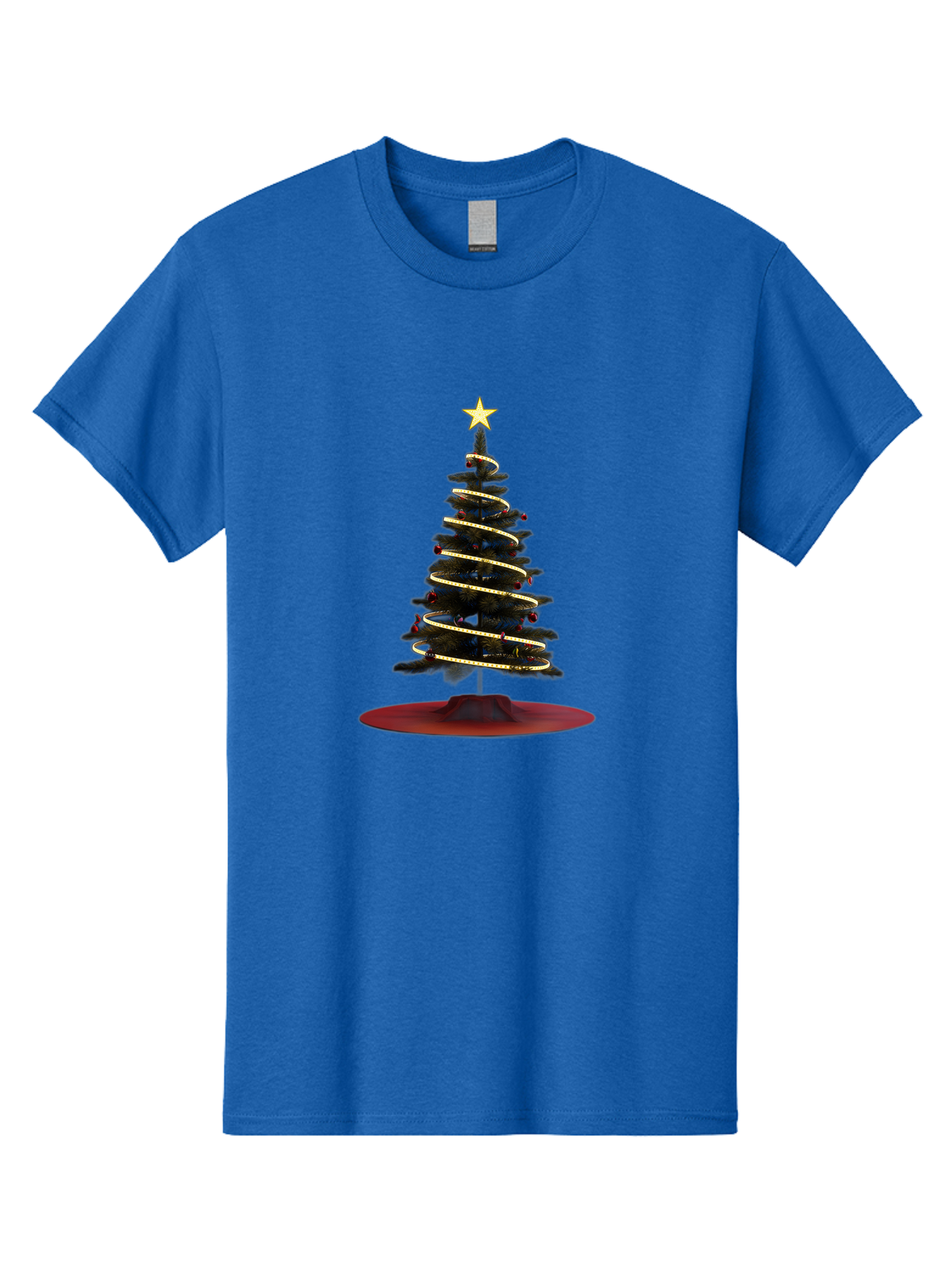 Christmas-Tree Men'S Graphic Tee, 100% Cotton, Comfortable Casual Summer Wear, Machine Washable, Christmas Tree Decoration, Holiday Season, Festive Atmosphere, Spiral Gold Ribbon, Star Topper, Christmas Tree Lights, Winter Wonderland, Bab753
