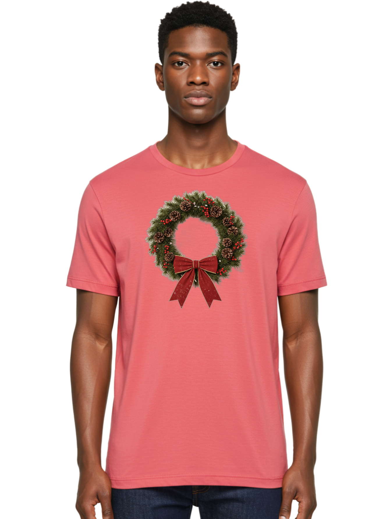 Christmas-Wreath-1 Men'S Graphic Tee, 100% Cotton, Comfortable Casual Summer Wear, Machine Washable, Christmas Wreath, Festive Decoration, Red Bow, Pinecones, Holly Berries, Evergreen Branches, Holiday Decor, Winter Wonderland, Seasonal Decor Bab754