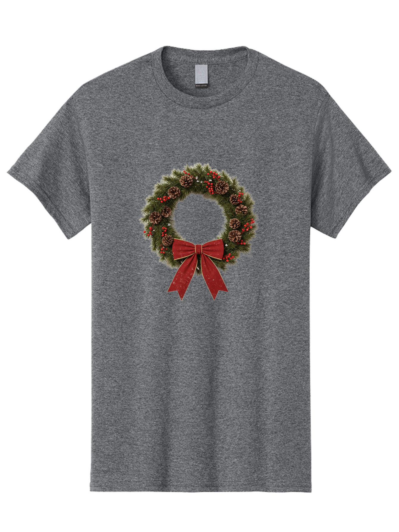 Christmas-Wreath-1 Men'S Graphic Tee, 100% Cotton, Comfortable Casual Summer Wear, Machine Washable, Christmas Wreath, Festive Decoration, Red Bow, Pinecones, Holly Berries, Evergreen Branches, Holiday Decor, Winter Wonderland, Seasonal Decor Bab754