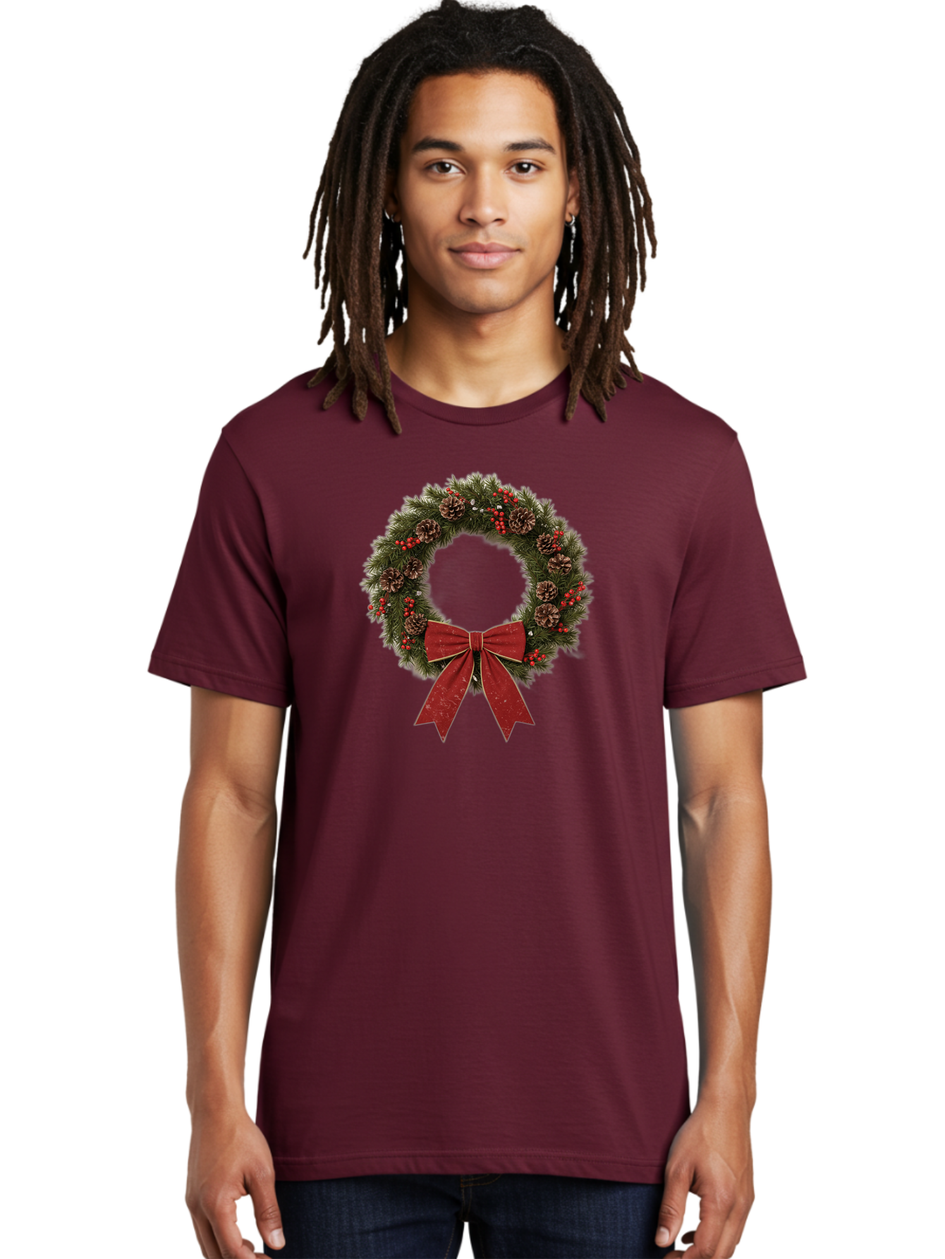Christmas-Wreath-1 Men'S Graphic Tee, 100% Cotton, Comfortable Casual Summer Wear, Machine Washable, Christmas Wreath, Festive Decoration, Red Bow, Pinecones, Holly Berries, Evergreen Branches, Holiday Decor, Winter Wonderland, Seasonal Decor Bab754