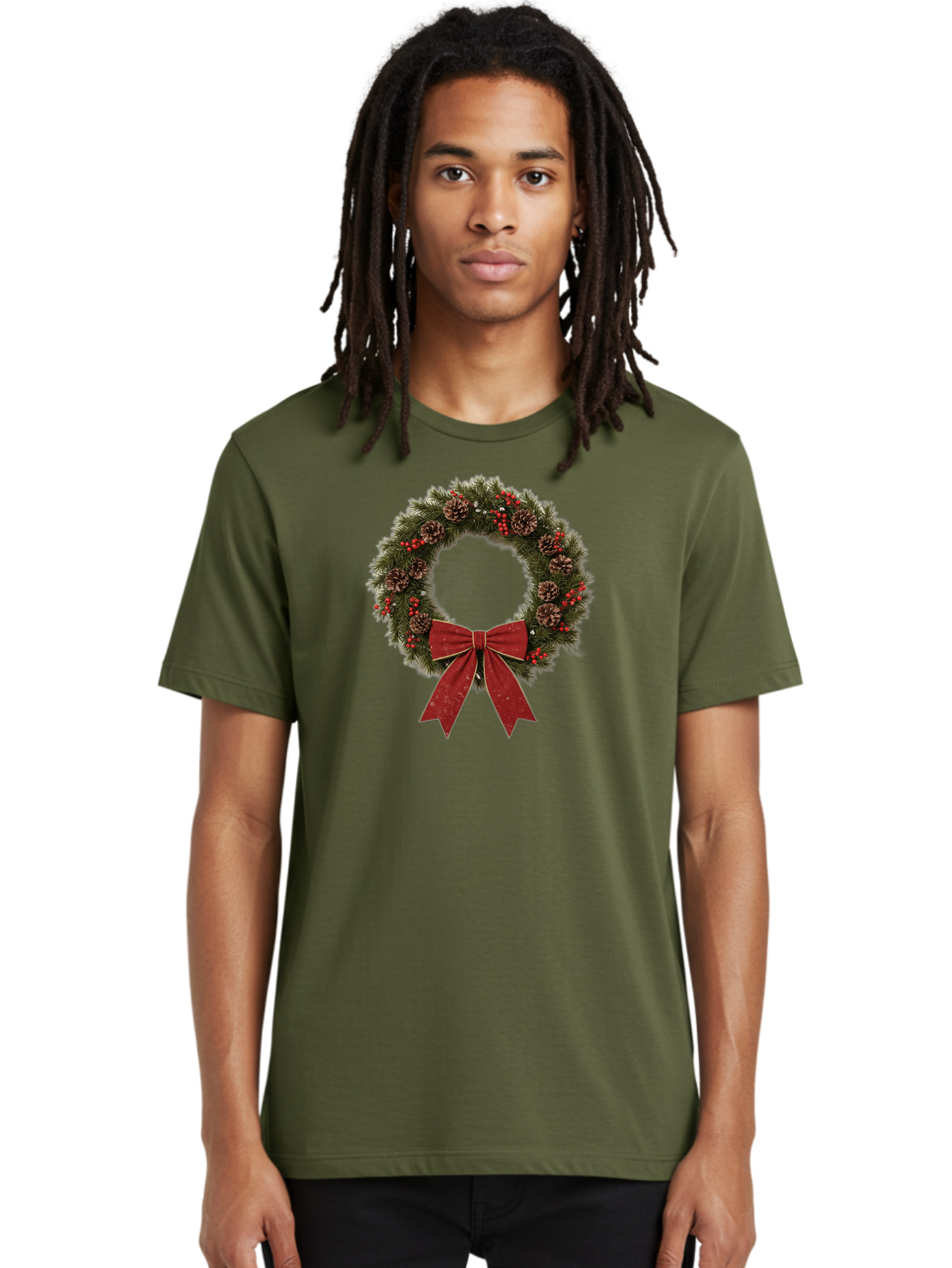 Christmas-Wreath-1 Men'S Graphic Tee, 100% Cotton, Comfortable Casual Summer Wear, Machine Washable, Christmas Wreath, Festive Decoration, Red Bow, Pinecones, Holly Berries, Evergreen Branches, Holiday Decor, Winter Wonderland, Seasonal Decor Bab754