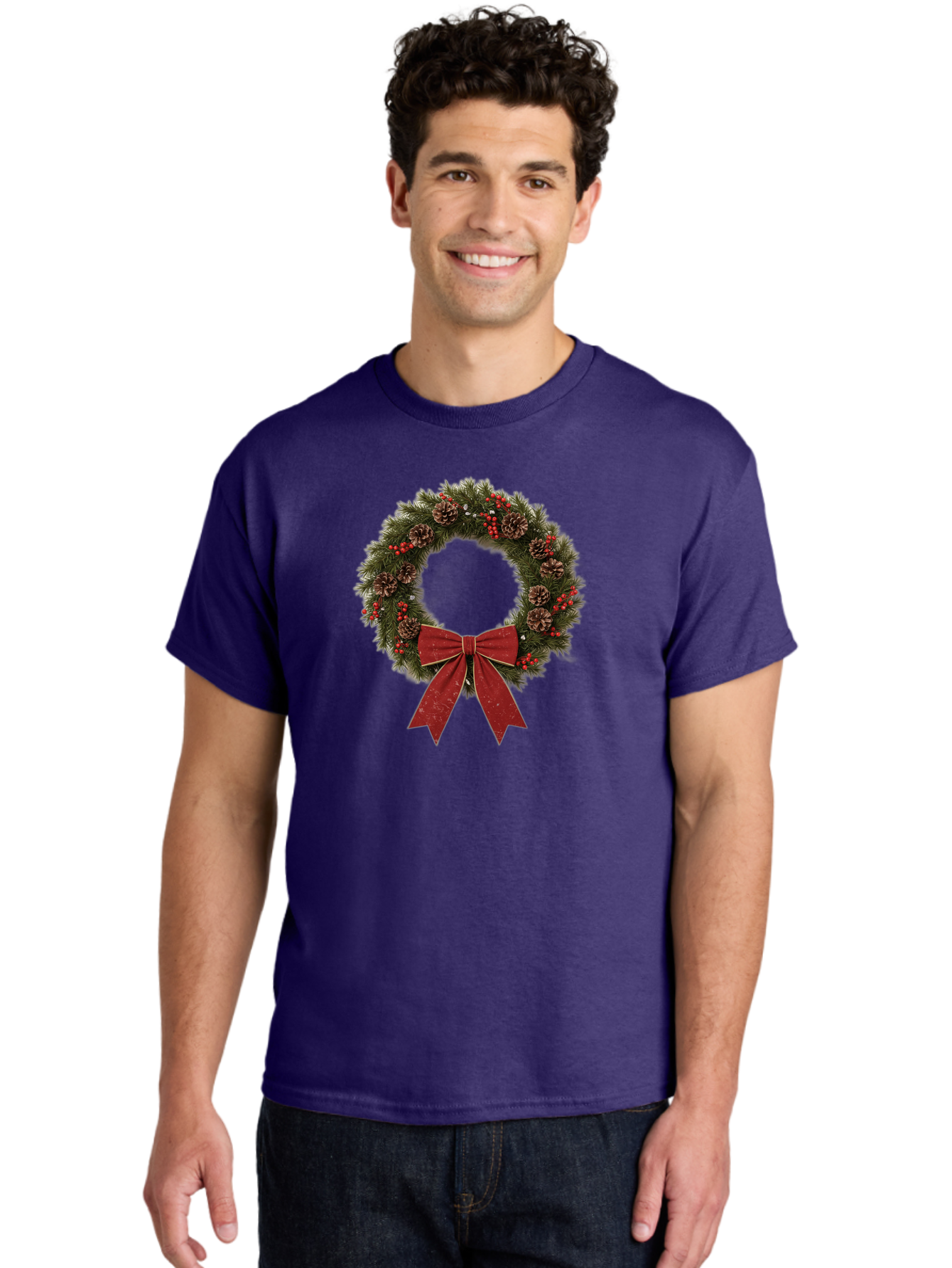 Christmas-Wreath-1 Men'S Graphic Tee, 100% Cotton, Comfortable Casual Summer Wear, Machine Washable, Christmas Wreath, Festive Decoration, Red Bow, Pinecones, Holly Berries, Evergreen Branches, Holiday Decor, Winter Wonderland, Seasonal Decor Bab754
