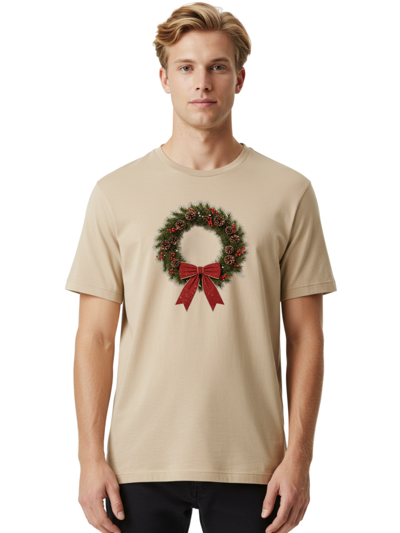 Christmas-Wreath-1 Men'S Graphic Tee, 100% Cotton, Comfortable Casual Summer Wear, Machine Washable, Christmas Wreath, Festive Decoration, Red Bow, Pinecones, Holly Berries, Evergreen Branches, Holiday Decor, Winter Wonderland, Seasonal Decor Bab754