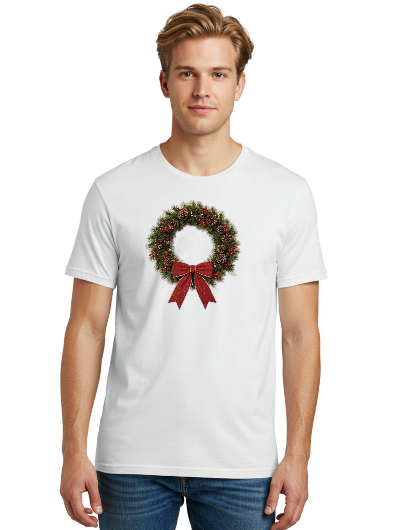 Christmas-Wreath-1 Men'S Graphic Tee, 100% Cotton, Comfortable Casual Summer Wear, Machine Washable, Christmas Wreath, Festive Decoration, Red Bow, Pinecones, Holly Berries, Evergreen Branches, Holiday Decor, Winter Wonderland, Seasonal Decor Bab754