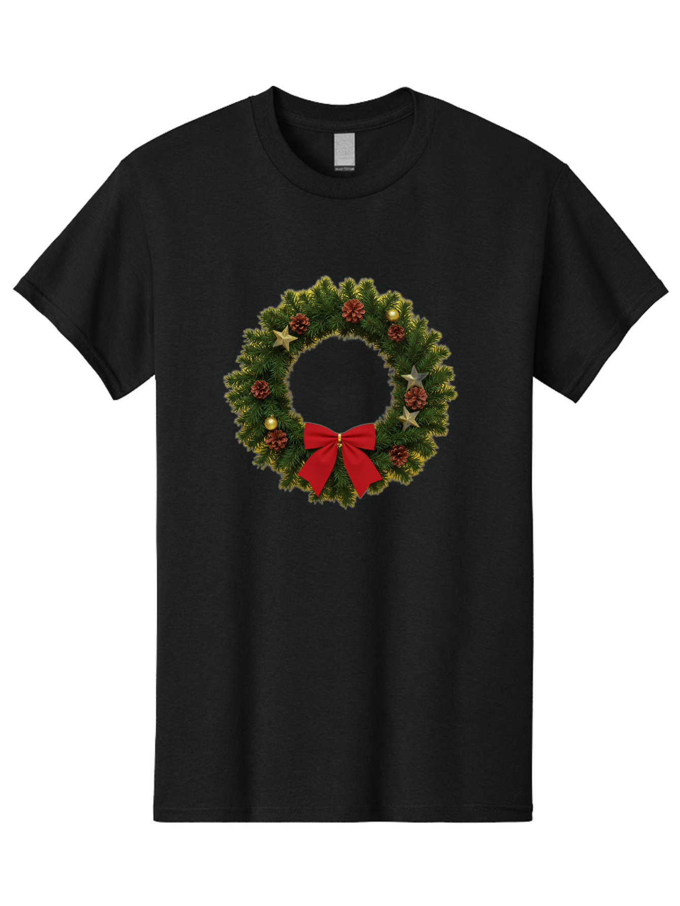 Christmas-Wreath-2 Men'S Graphic Tee, 100% Cotton, Comfortable Casual Summer Wear, Machine Washable, Evergreen Branches, Pinecones, Red Bow, Gold Ornaments, Stars, Festive Decoration, Holiday Decor, Christmas Theme, Seasonal Wreath, Bab755