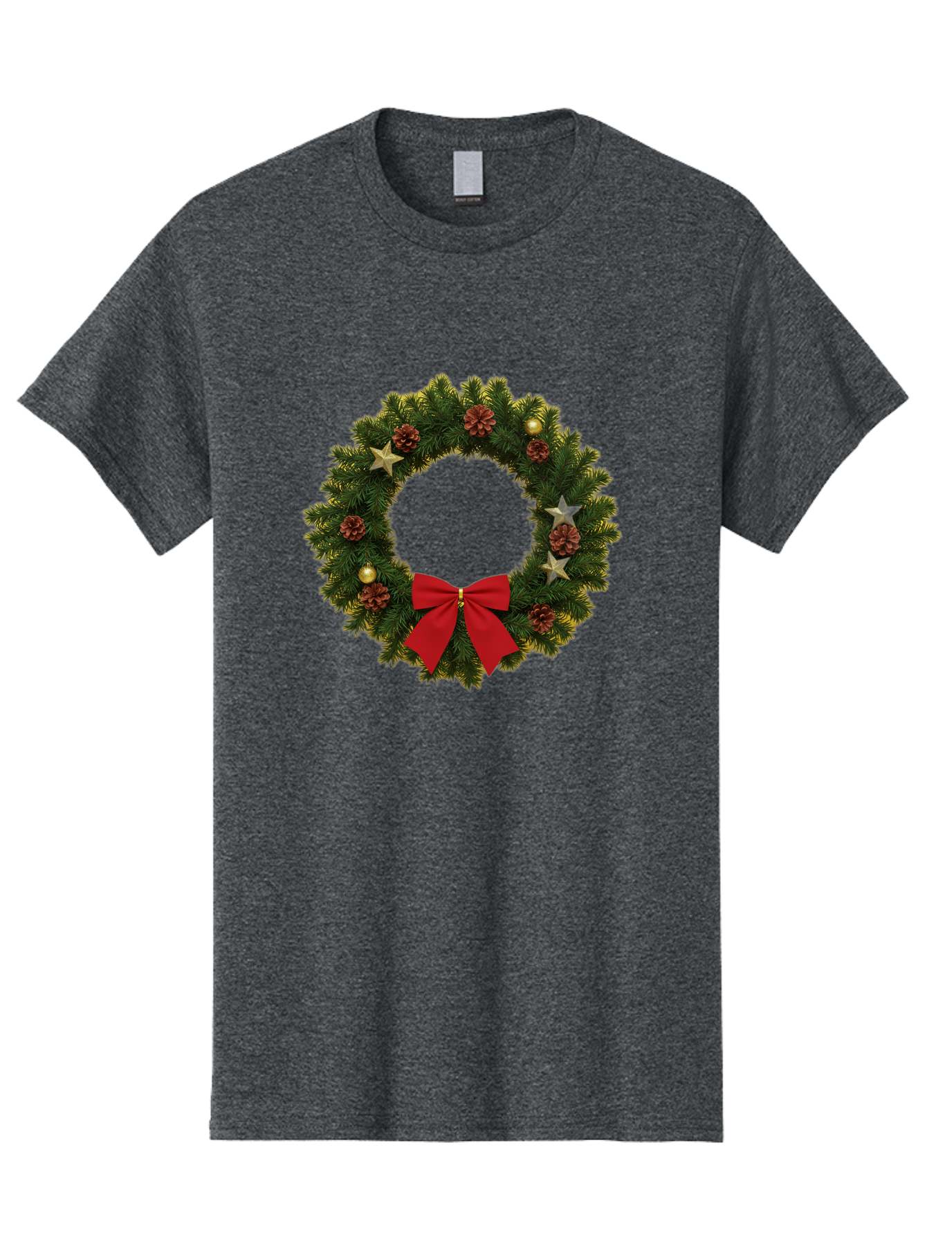 Christmas-Wreath-2 Men'S Graphic Tee, 100% Cotton, Comfortable Casual Summer Wear, Machine Washable, Evergreen Branches, Pinecones, Red Bow, Gold Ornaments, Stars, Festive Decoration, Holiday Decor, Christmas Theme, Seasonal Wreath, Bab755