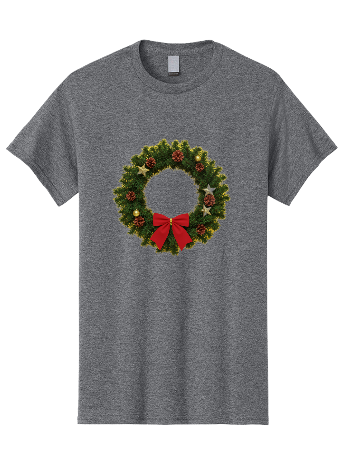 Christmas-Wreath-2 Men'S Graphic Tee, 100% Cotton, Comfortable Casual Summer Wear, Machine Washable, Evergreen Branches, Pinecones, Red Bow, Gold Ornaments, Stars, Festive Decoration, Holiday Decor, Christmas Theme, Seasonal Wreath, Bab755