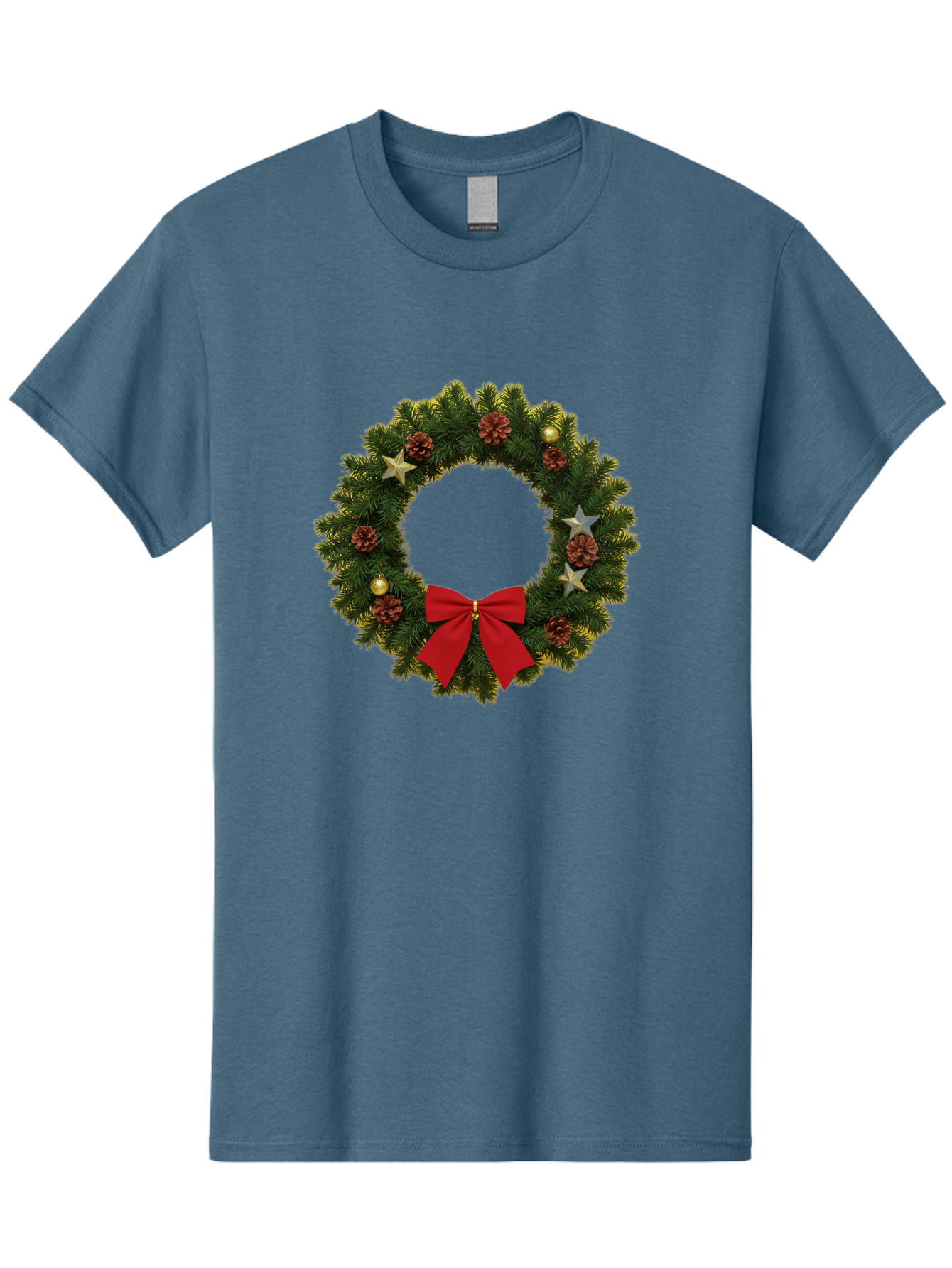 Christmas-Wreath-2 Men'S Graphic Tee, 100% Cotton, Comfortable Casual Summer Wear, Machine Washable, Evergreen Branches, Pinecones, Red Bow, Gold Ornaments, Stars, Festive Decoration, Holiday Decor, Christmas Theme, Seasonal Wreath, Bab755