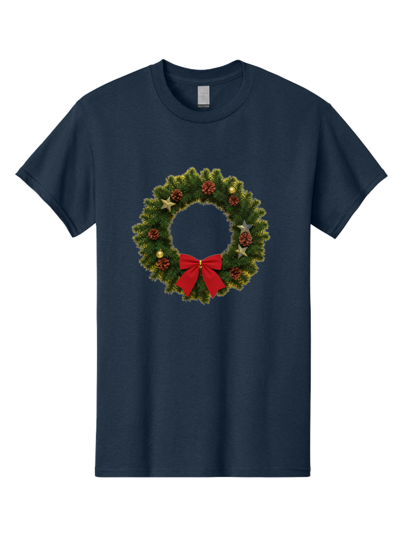 Christmas-Wreath-2 Men'S Graphic Tee, 100% Cotton, Comfortable Casual Summer Wear, Machine Washable, Evergreen Branches, Pinecones, Red Bow, Gold Ornaments, Stars, Festive Decoration, Holiday Decor, Christmas Theme, Seasonal Wreath, Bab755