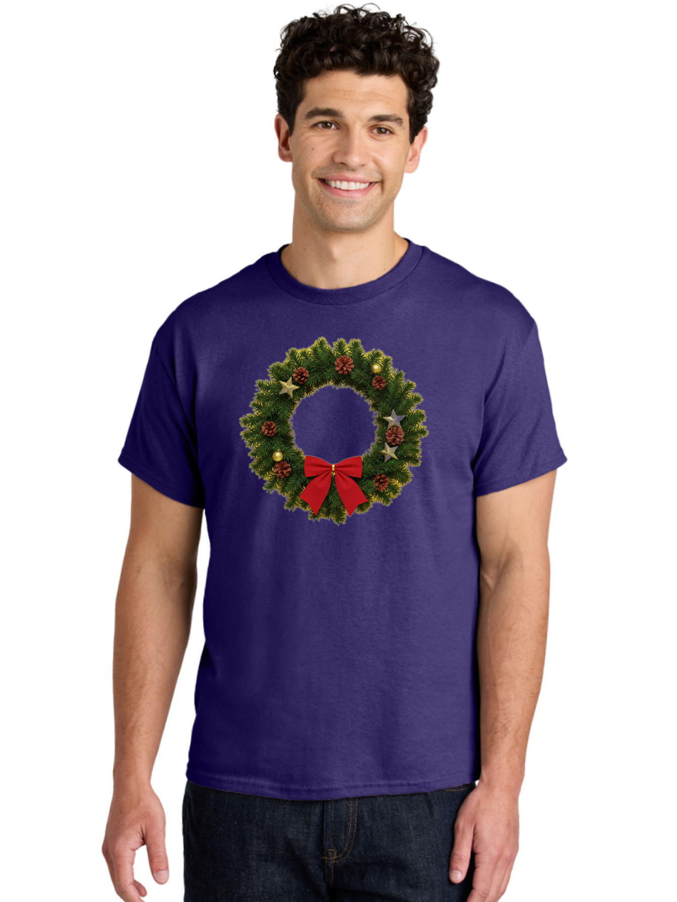 Christmas-Wreath-2 Men'S Graphic Tee, 100% Cotton, Comfortable Casual Summer Wear, Machine Washable, Evergreen Branches, Pinecones, Red Bow, Gold Ornaments, Stars, Festive Decoration, Holiday Decor, Christmas Theme, Seasonal Wreath, Bab755