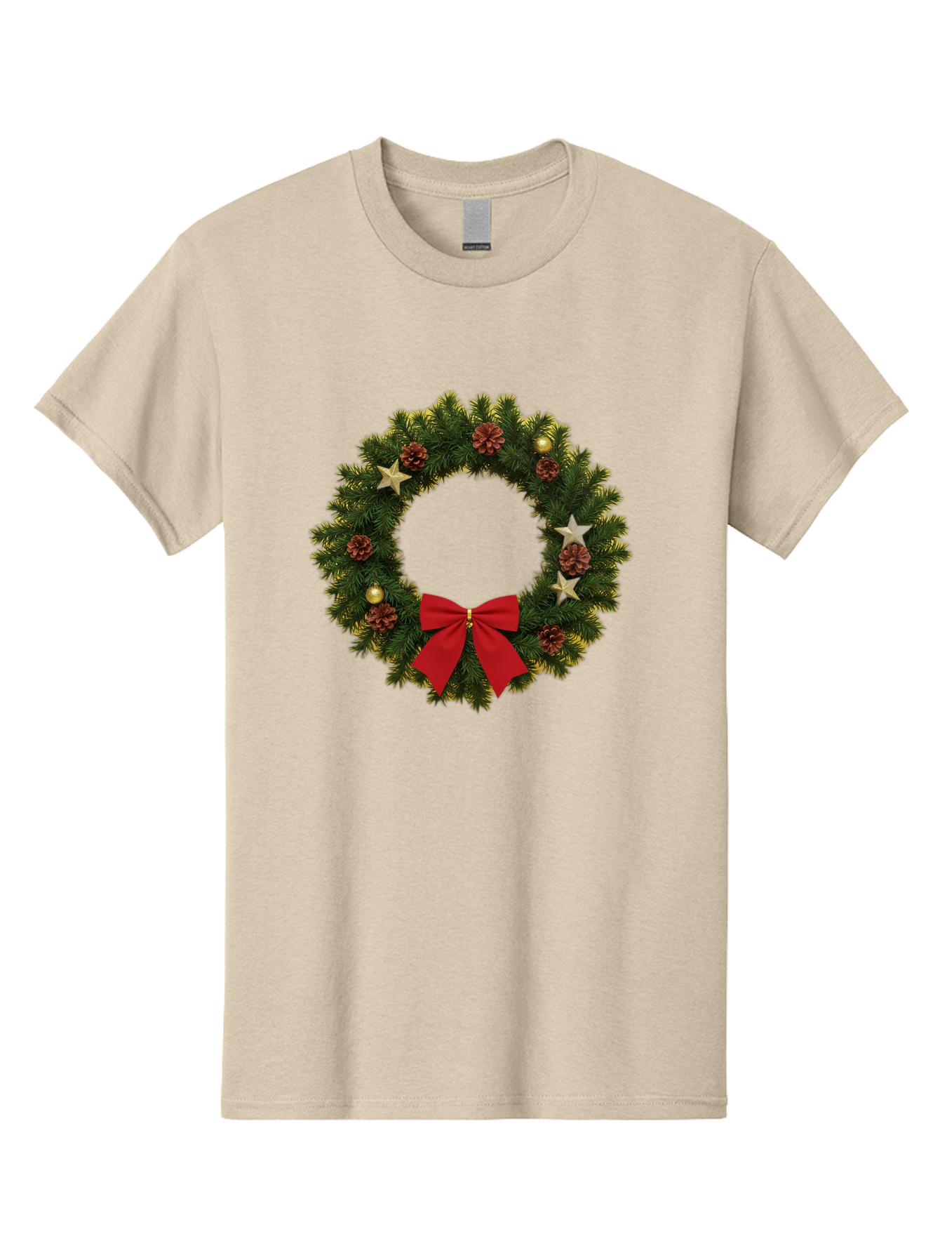 Christmas-Wreath-2 Men'S Graphic Tee, 100% Cotton, Comfortable Casual Summer Wear, Machine Washable, Evergreen Branches, Pinecones, Red Bow, Gold Ornaments, Stars, Festive Decoration, Holiday Decor, Christmas Theme, Seasonal Wreath, Bab755