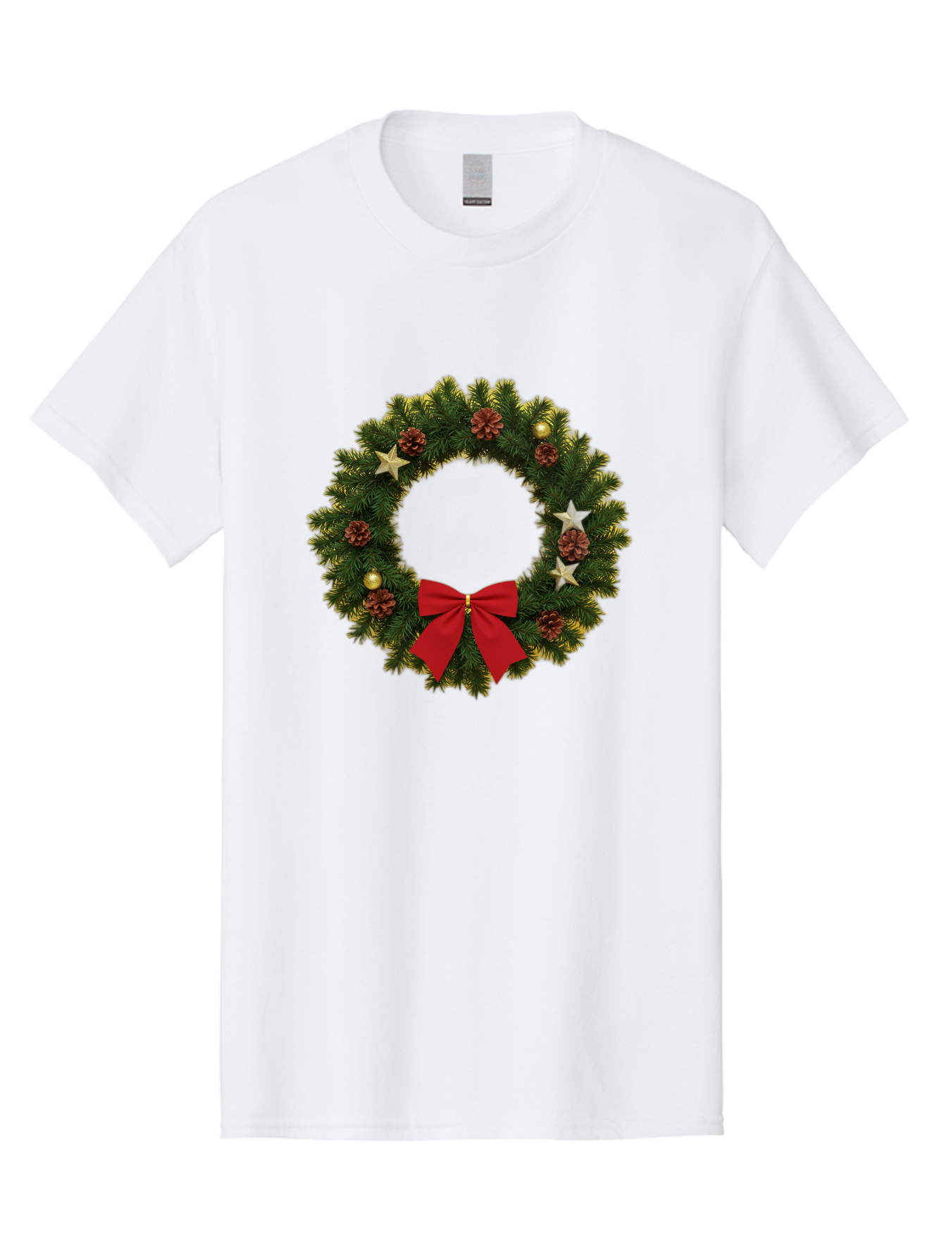 Christmas-Wreath-2 Men'S Graphic Tee, 100% Cotton, Comfortable Casual Summer Wear, Machine Washable, Evergreen Branches, Pinecones, Red Bow, Gold Ornaments, Stars, Festive Decoration, Holiday Decor, Christmas Theme, Seasonal Wreath, Bab755