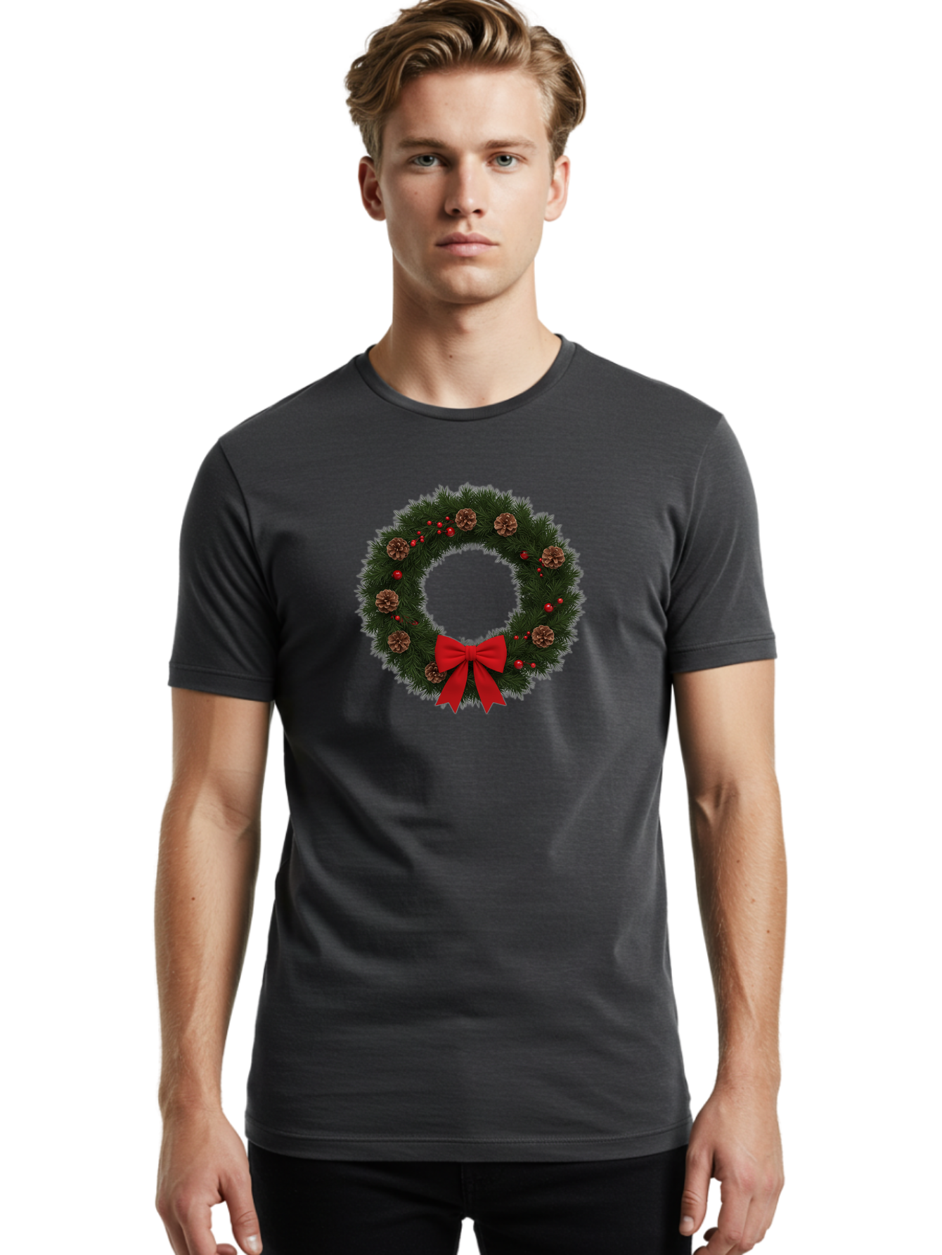 Christmas-Wreath-3 Men'S Graphic Tee, 100% Cotton, Comfortable Casual Summer Wear, Machine Washable, Christmas Wreath With Pinecones, Red Baubles, Red Bow, Festive Decorations, Holiday Decor, Evergreen Branches, Seasonal Theme, Bab756