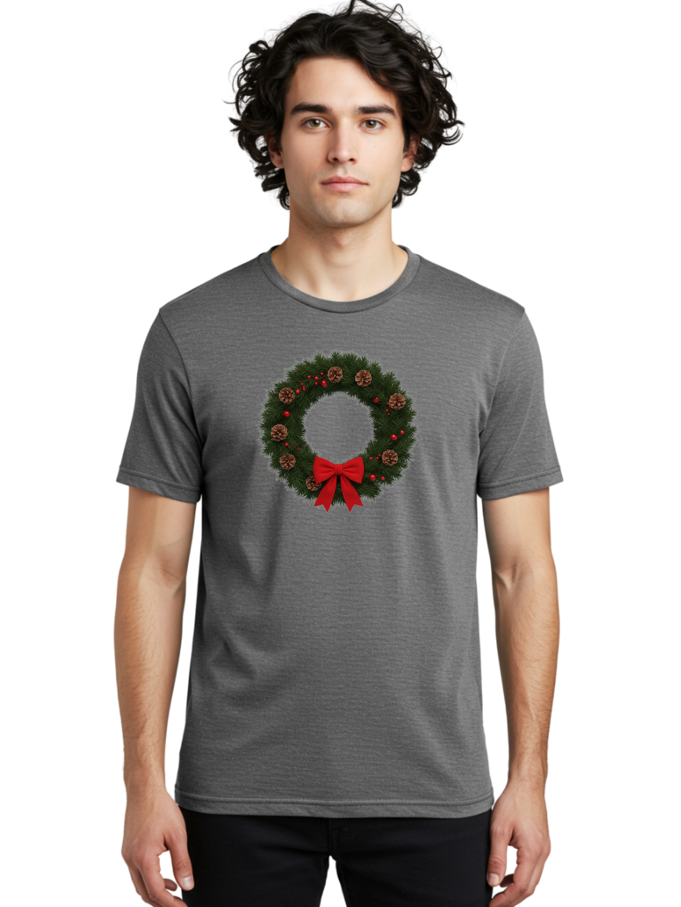 Christmas-Wreath-3 Men'S Graphic Tee, 100% Cotton, Comfortable Casual Summer Wear, Machine Washable, Christmas Wreath With Pinecones, Red Baubles, Red Bow, Festive Decorations, Holiday Decor, Evergreen Branches, Seasonal Theme, Bab756