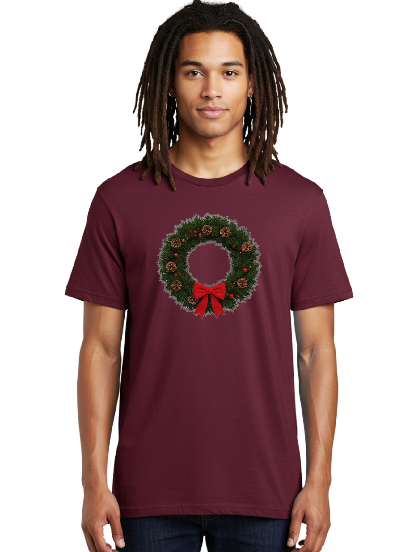 Christmas-Wreath-3 Men'S Graphic Tee, 100% Cotton, Comfortable Casual Summer Wear, Machine Washable, Christmas Wreath With Pinecones, Red Baubles, Red Bow, Festive Decorations, Holiday Decor, Evergreen Branches, Seasonal Theme, Bab756