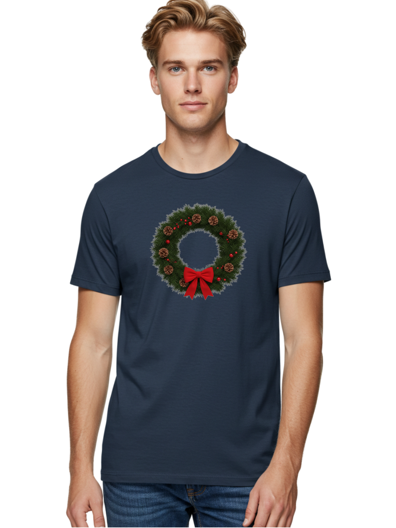 Christmas-Wreath-3 Men'S Graphic Tee, 100% Cotton, Comfortable Casual Summer Wear, Machine Washable, Christmas Wreath With Pinecones, Red Baubles, Red Bow, Festive Decorations, Holiday Decor, Evergreen Branches, Seasonal Theme, Bab756