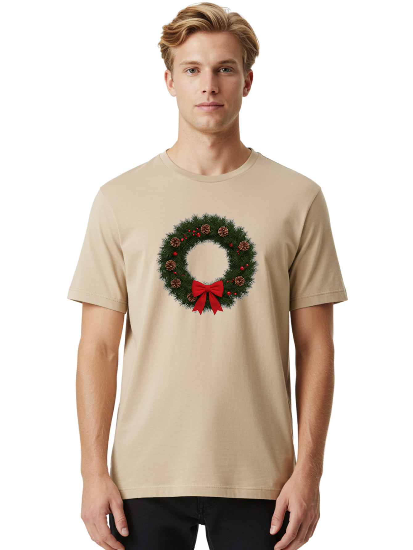 Christmas-Wreath-3 Men'S Graphic Tee, 100% Cotton, Comfortable Casual Summer Wear, Machine Washable, Christmas Wreath With Pinecones, Red Baubles, Red Bow, Festive Decorations, Holiday Decor, Evergreen Branches, Seasonal Theme, Bab756