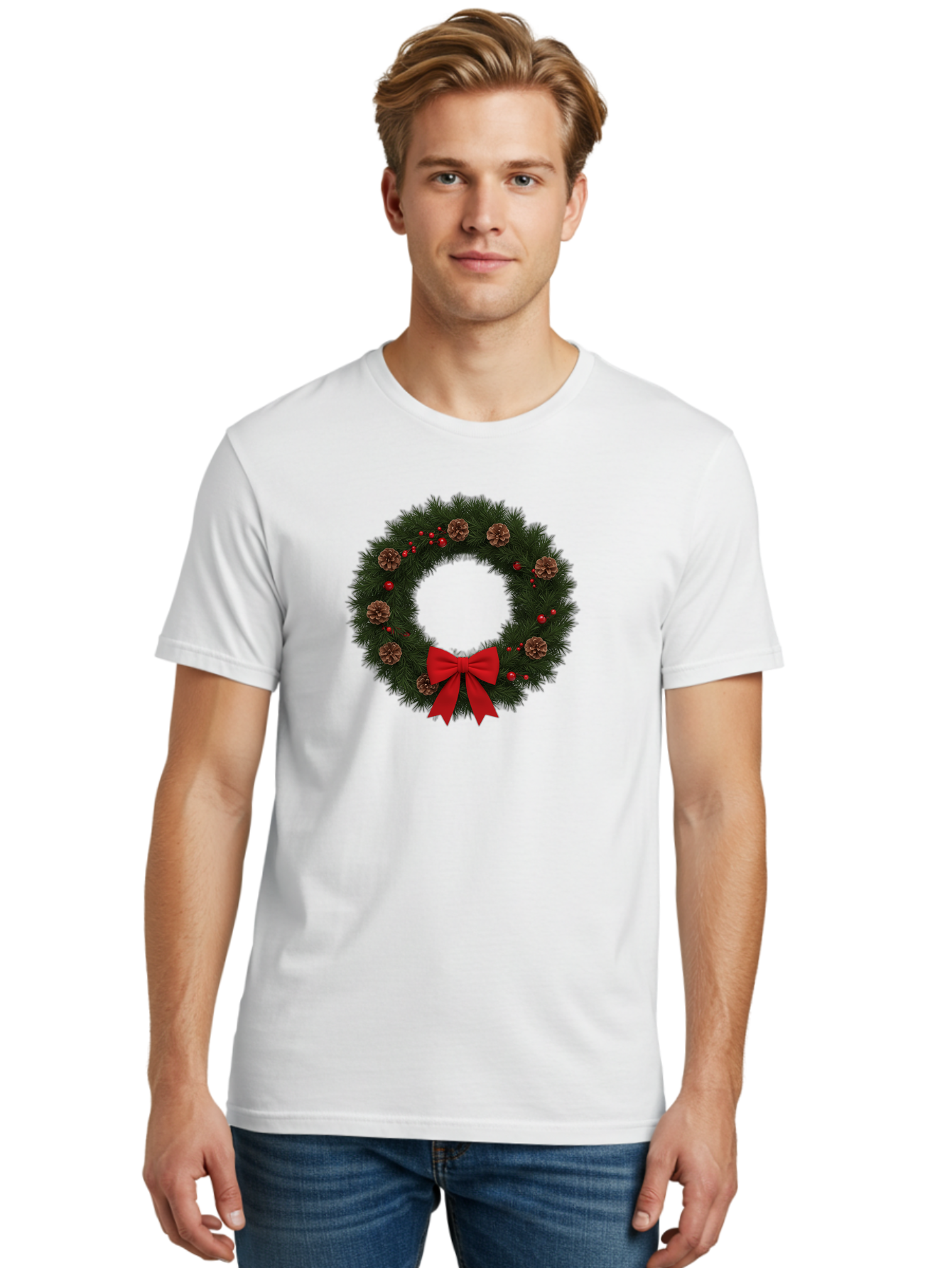 Christmas-Wreath-3 Men'S Graphic Tee, 100% Cotton, Comfortable Casual Summer Wear, Machine Washable, Christmas Wreath With Pinecones, Red Baubles, Red Bow, Festive Decorations, Holiday Decor, Evergreen Branches, Seasonal Theme, Bab756