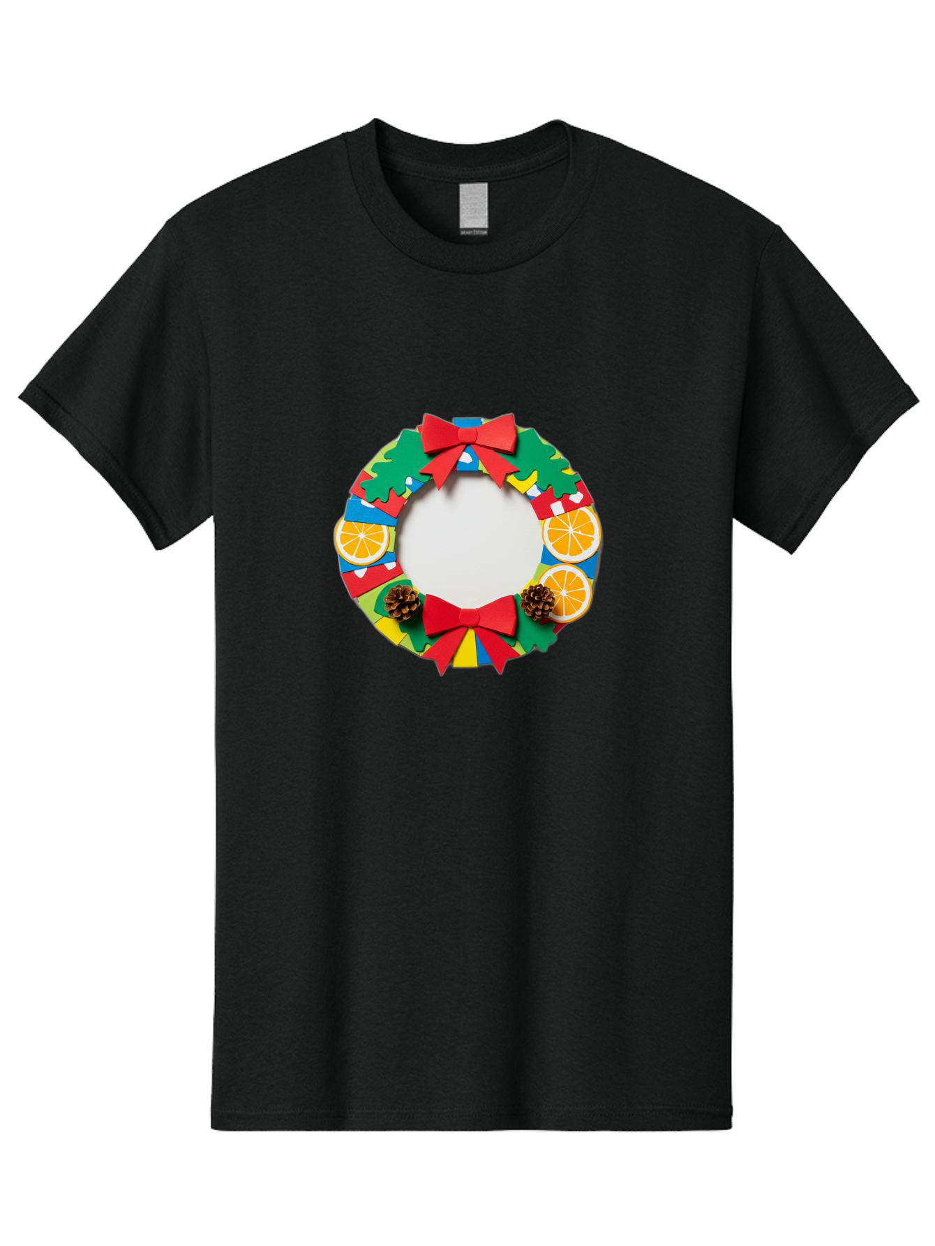Christmas-Wreath-4 Men'S Graphic Tee, 100% Cotton, Comfortable Casual Summer Wear, Machine Washable, Colorful Christmas Wreath, Festive Decorations, Red Bows, Pine Cones, Orange Slices, Holiday Decor, Seasonal Decor, Christmas Decorations, Bab757