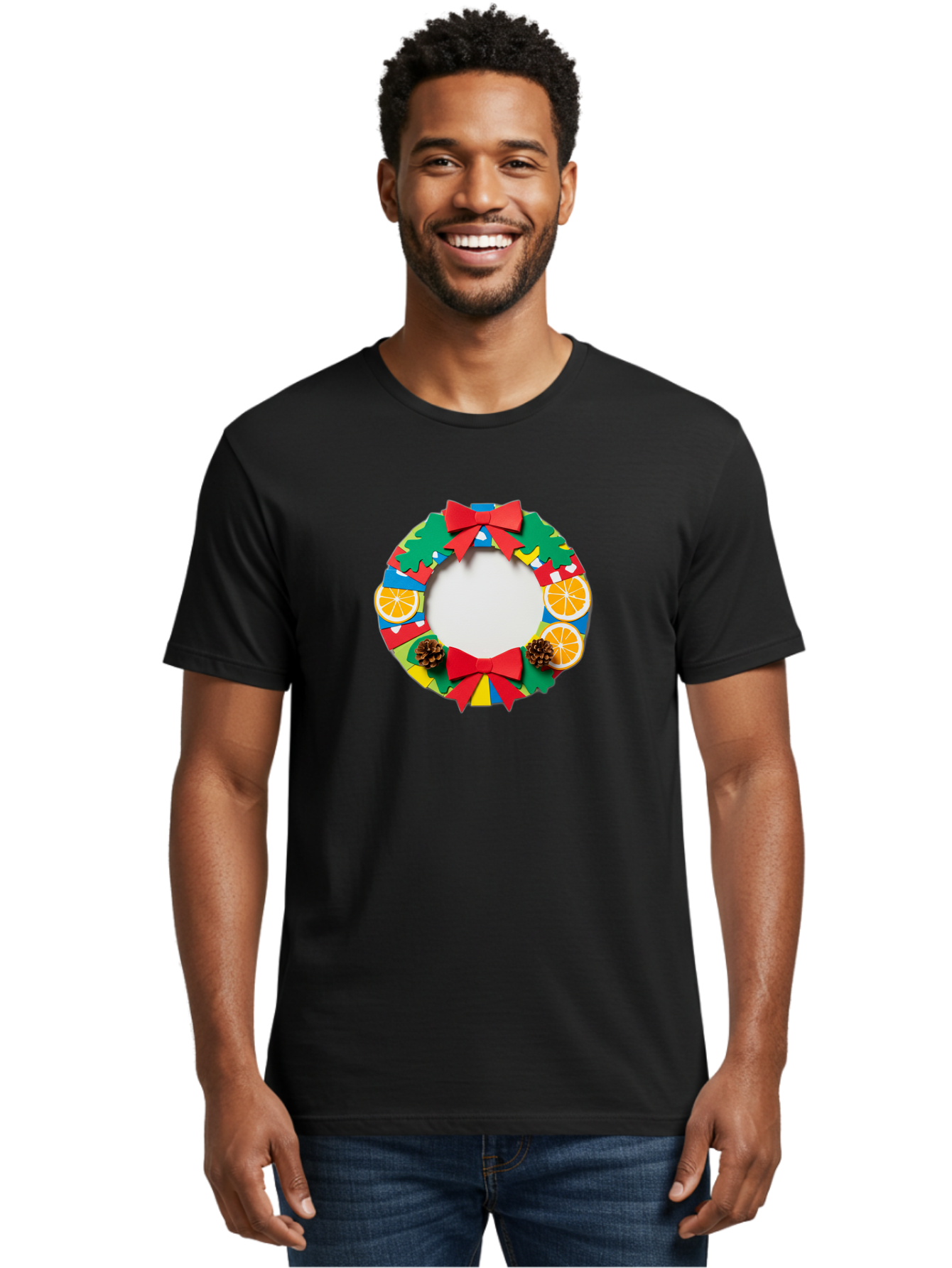 Christmas-Wreath-4 Men'S Graphic Tee, 100% Cotton, Comfortable Casual Summer Wear, Machine Washable, Colorful Christmas Wreath, Festive Decorations, Red Bows, Pine Cones, Orange Slices, Holiday Decor, Seasonal Decor, Christmas Decorations, Bab757