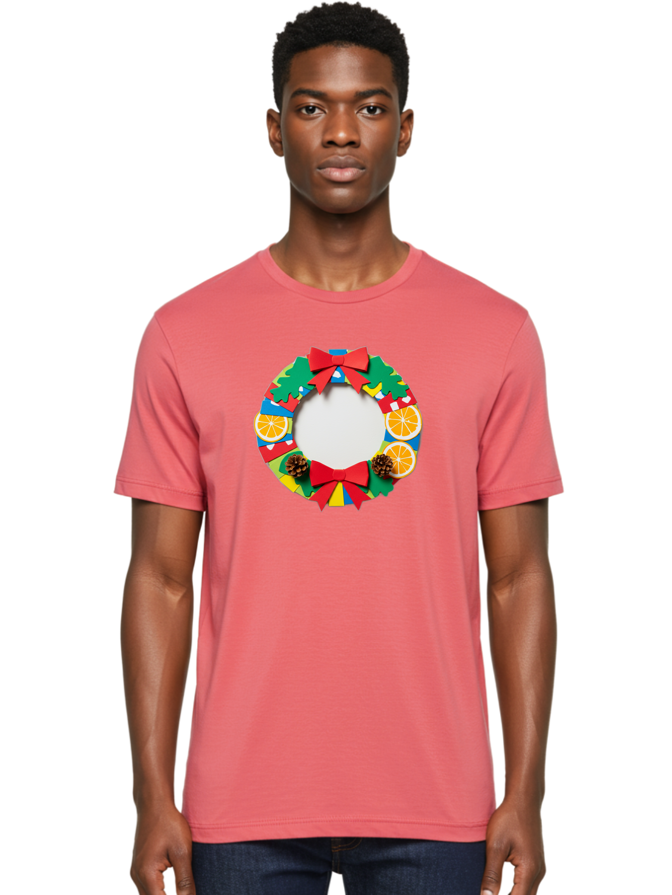 Christmas-Wreath-4 Men'S Graphic Tee, 100% Cotton, Comfortable Casual Summer Wear, Machine Washable, Colorful Christmas Wreath, Festive Decorations, Red Bows, Pine Cones, Orange Slices, Holiday Decor, Seasonal Decor, Christmas Decorations, Bab757