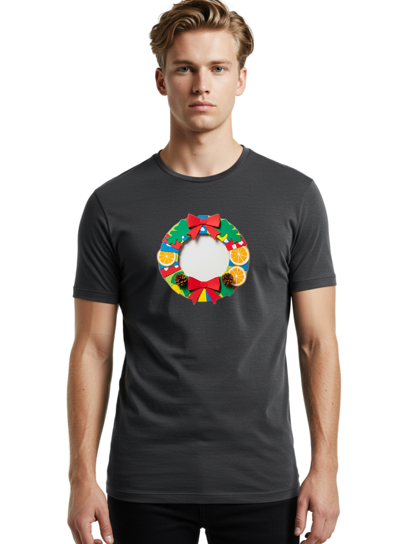 Christmas-Wreath-4 Men'S Graphic Tee, 100% Cotton, Comfortable Casual Summer Wear, Machine Washable, Colorful Christmas Wreath, Festive Decorations, Red Bows, Pine Cones, Orange Slices, Holiday Decor, Seasonal Decor, Christmas Decorations, Bab757