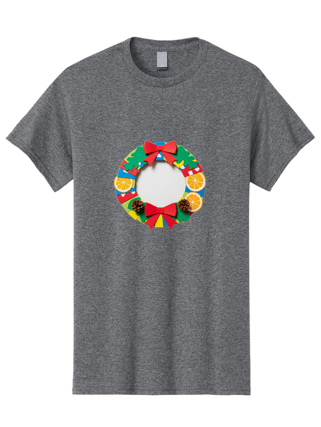 Christmas-Wreath-4 Men'S Graphic Tee, 100% Cotton, Comfortable Casual Summer Wear, Machine Washable, Colorful Christmas Wreath, Festive Decorations, Red Bows, Pine Cones, Orange Slices, Holiday Decor, Seasonal Decor, Christmas Decorations, Bab757