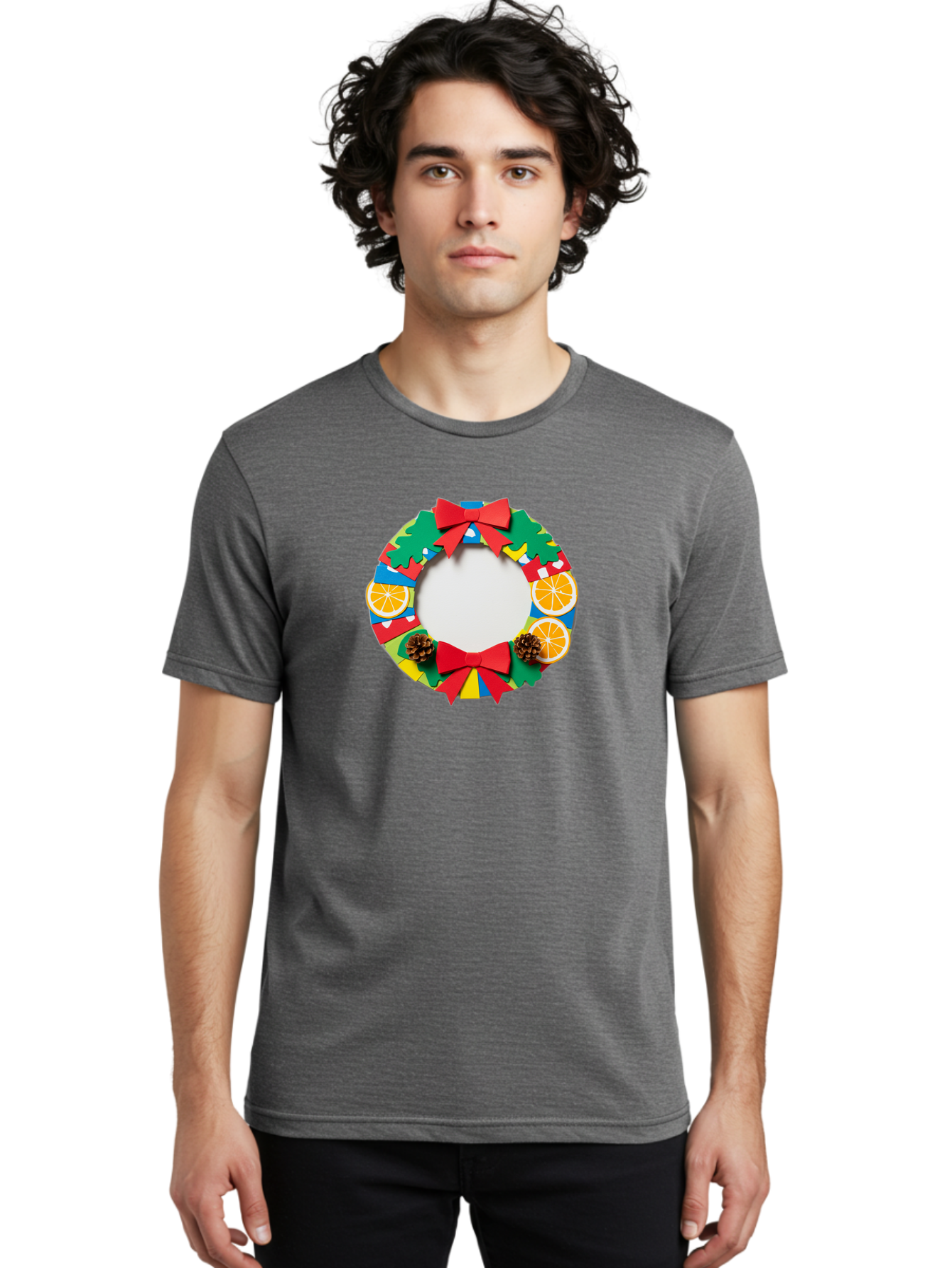 Christmas-Wreath-4 Men'S Graphic Tee, 100% Cotton, Comfortable Casual Summer Wear, Machine Washable, Colorful Christmas Wreath, Festive Decorations, Red Bows, Pine Cones, Orange Slices, Holiday Decor, Seasonal Decor, Christmas Decorations, Bab757