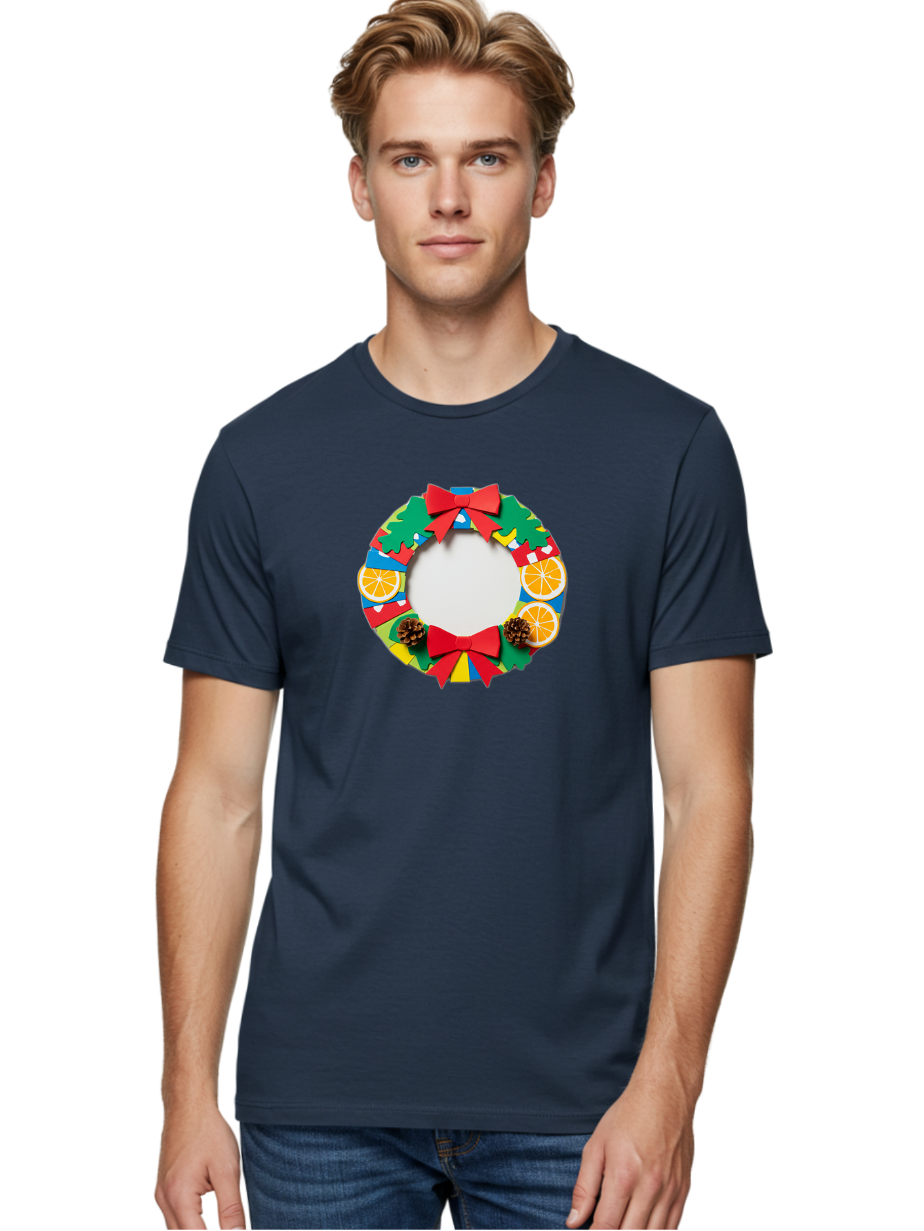 Christmas-Wreath-4 Men'S Graphic Tee, 100% Cotton, Comfortable Casual Summer Wear, Machine Washable, Colorful Christmas Wreath, Festive Decorations, Red Bows, Pine Cones, Orange Slices, Holiday Decor, Seasonal Decor, Christmas Decorations, Bab757