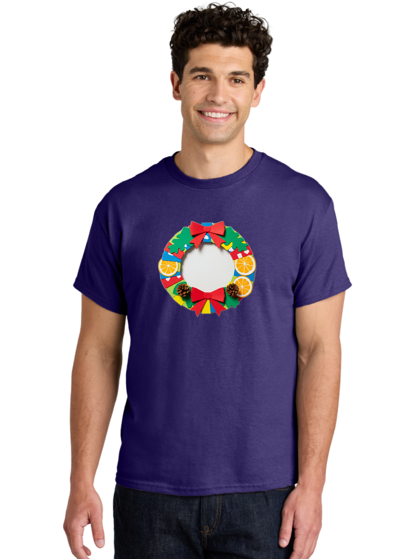 Christmas-Wreath-4 Men'S Graphic Tee, 100% Cotton, Comfortable Casual Summer Wear, Machine Washable, Colorful Christmas Wreath, Festive Decorations, Red Bows, Pine Cones, Orange Slices, Holiday Decor, Seasonal Decor, Christmas Decorations, Bab757