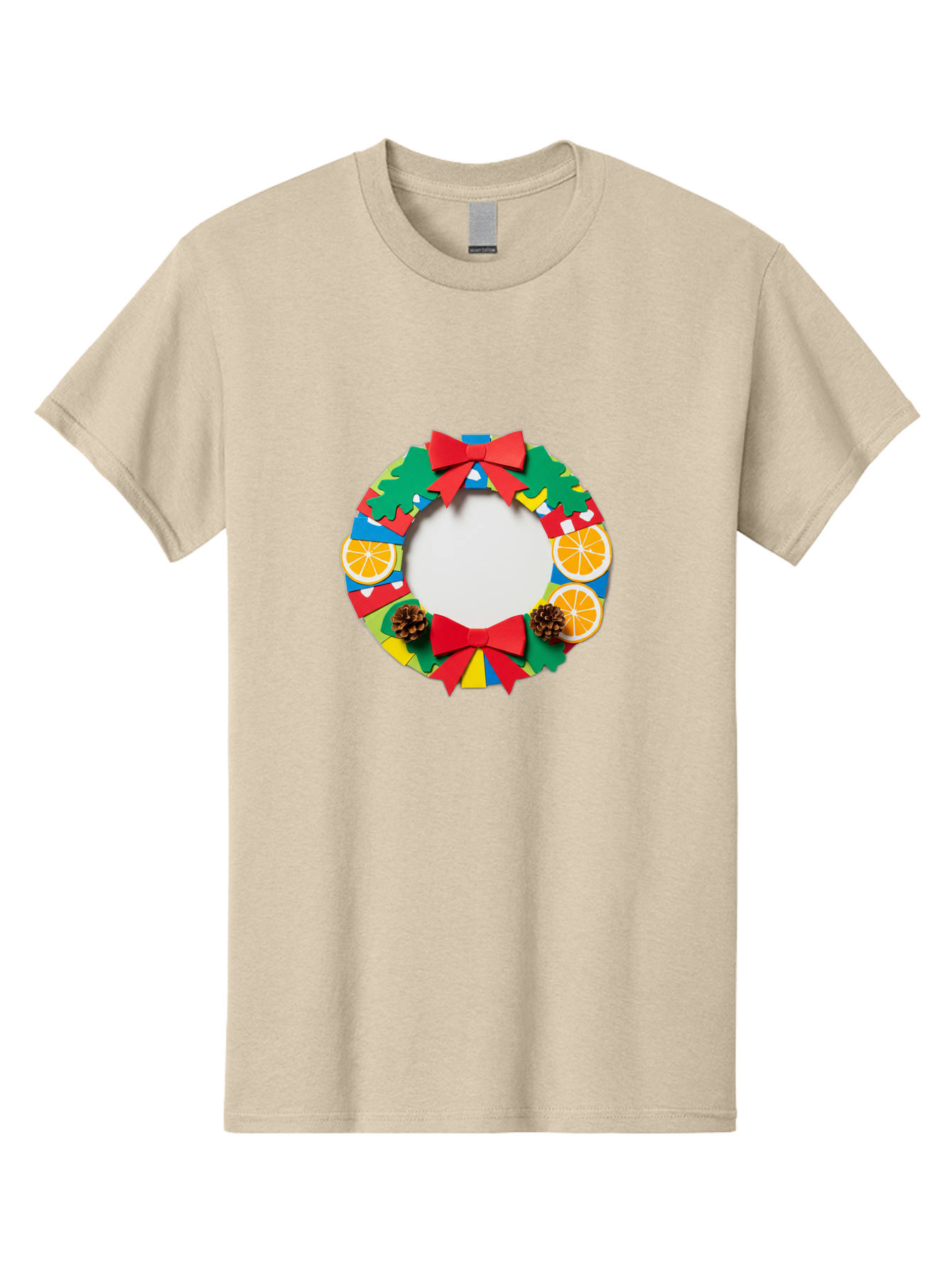 Christmas-Wreath-4 Men'S Graphic Tee, 100% Cotton, Comfortable Casual Summer Wear, Machine Washable, Colorful Christmas Wreath, Festive Decorations, Red Bows, Pine Cones, Orange Slices, Holiday Decor, Seasonal Decor, Christmas Decorations, Bab757