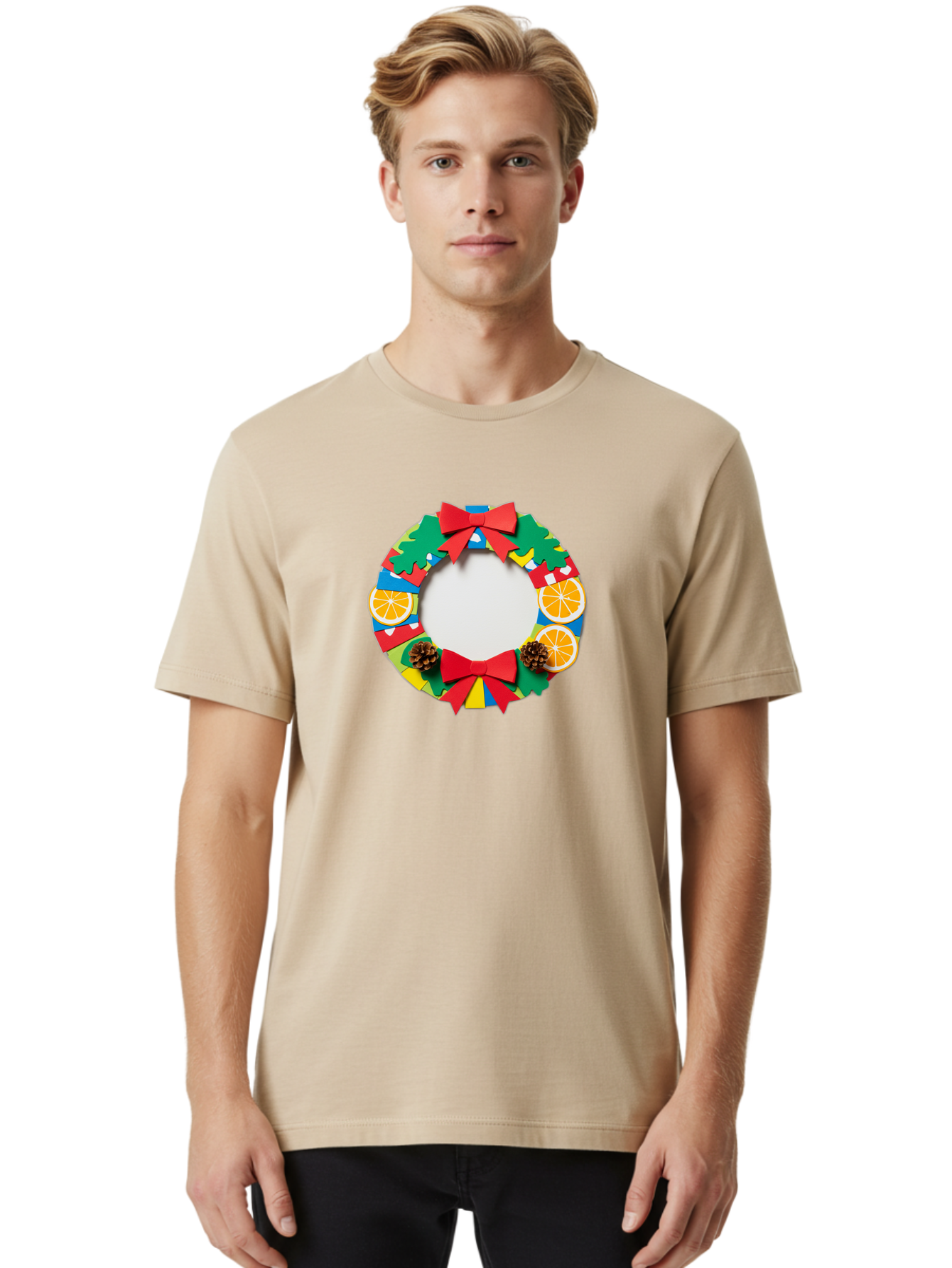 Christmas-Wreath-4 Men'S Graphic Tee, 100% Cotton, Comfortable Casual Summer Wear, Machine Washable, Colorful Christmas Wreath, Festive Decorations, Red Bows, Pine Cones, Orange Slices, Holiday Decor, Seasonal Decor, Christmas Decorations, Bab757