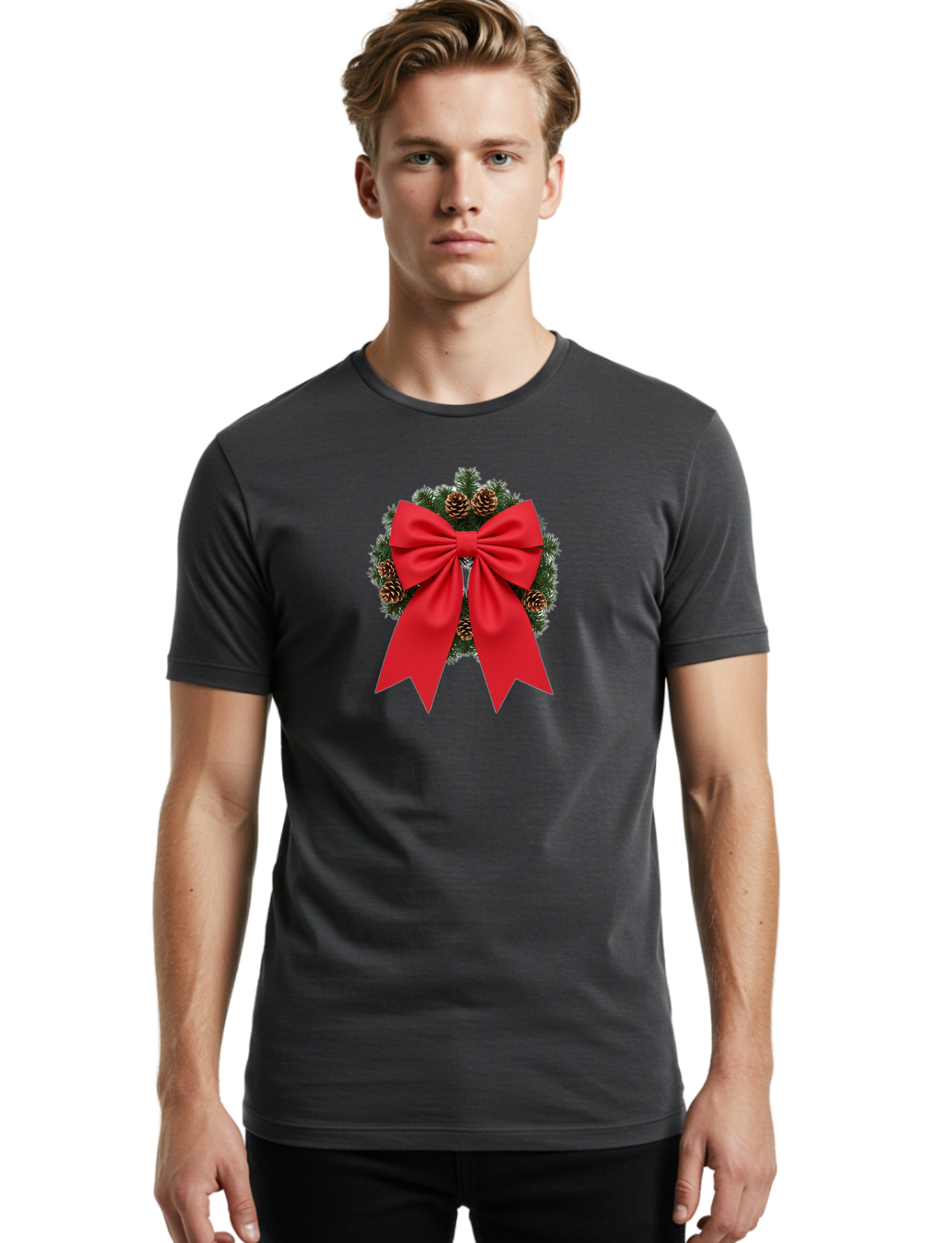 Christmas-Wreath-With-Red-Bow Men'S Graphic Tee, 100% Cotton, Comfortable Casual Summer Wear, Machine Washable, Pinecone Wreath, Christmas Decoration, Red Bow, Festive, Holiday Decor, Evergreen Branches, Satin Ribbon, Seasonal Decor, Bab758