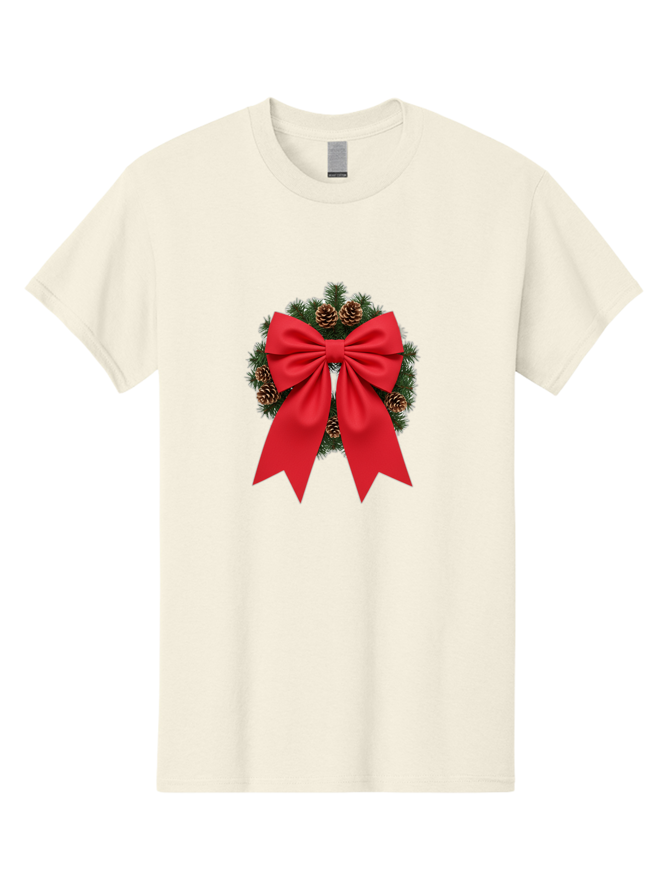 Christmas-Wreath-With-Red-Bow Men'S Graphic Tee, 100% Cotton, Comfortable Casual Summer Wear, Machine Washable, Pinecone Wreath, Christmas Decoration, Red Bow, Festive, Holiday Decor, Evergreen Branches, Satin Ribbon, Seasonal Decor, Bab758