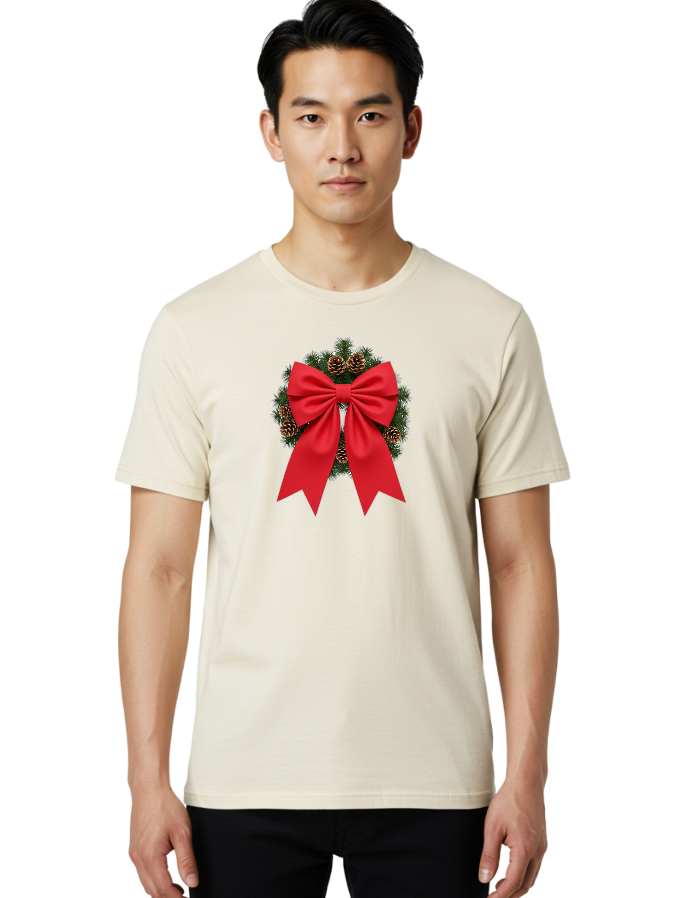 Christmas-Wreath-With-Red-Bow Men'S Graphic Tee, 100% Cotton, Comfortable Casual Summer Wear, Machine Washable, Pinecone Wreath, Christmas Decoration, Red Bow, Festive, Holiday Decor, Evergreen Branches, Satin Ribbon, Seasonal Decor, Bab758