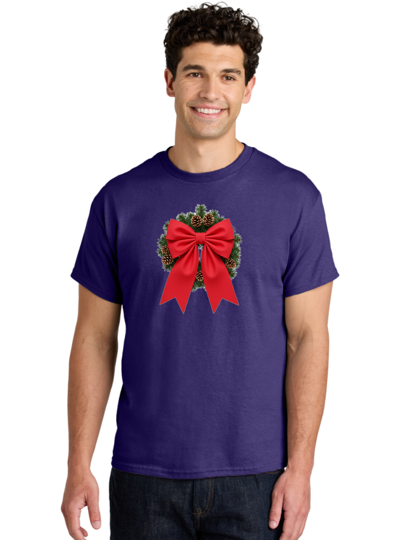 Christmas-Wreath-With-Red-Bow Men'S Graphic Tee, 100% Cotton, Comfortable Casual Summer Wear, Machine Washable, Pinecone Wreath, Christmas Decoration, Red Bow, Festive, Holiday Decor, Evergreen Branches, Satin Ribbon, Seasonal Decor, Bab758