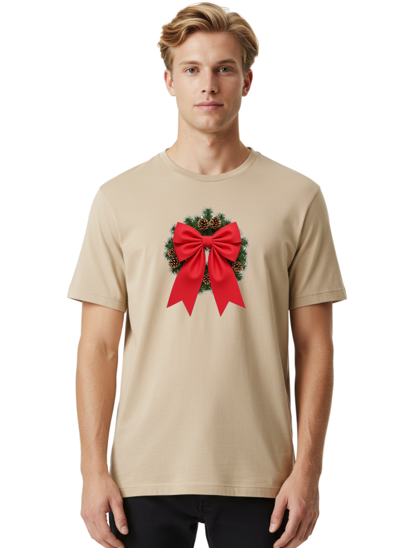 Christmas-Wreath-With-Red-Bow Men'S Graphic Tee, 100% Cotton, Comfortable Casual Summer Wear, Machine Washable, Pinecone Wreath, Christmas Decoration, Red Bow, Festive, Holiday Decor, Evergreen Branches, Satin Ribbon, Seasonal Decor, Bab758