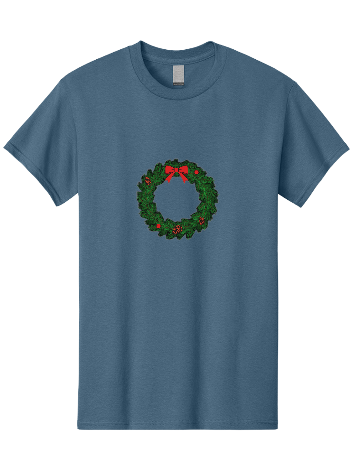 Christmas-Wreath Men'S Graphic Tee, 100% Cotton, Comfortable Casual Summer Wear, Machine Washable, Christmas Wreath, Evergreen Branches, Red Bow, Pinecones, Red Ornaments, Festive Decoration, Holiday Decor, Seasonal Design, Christmas Theme Bab759