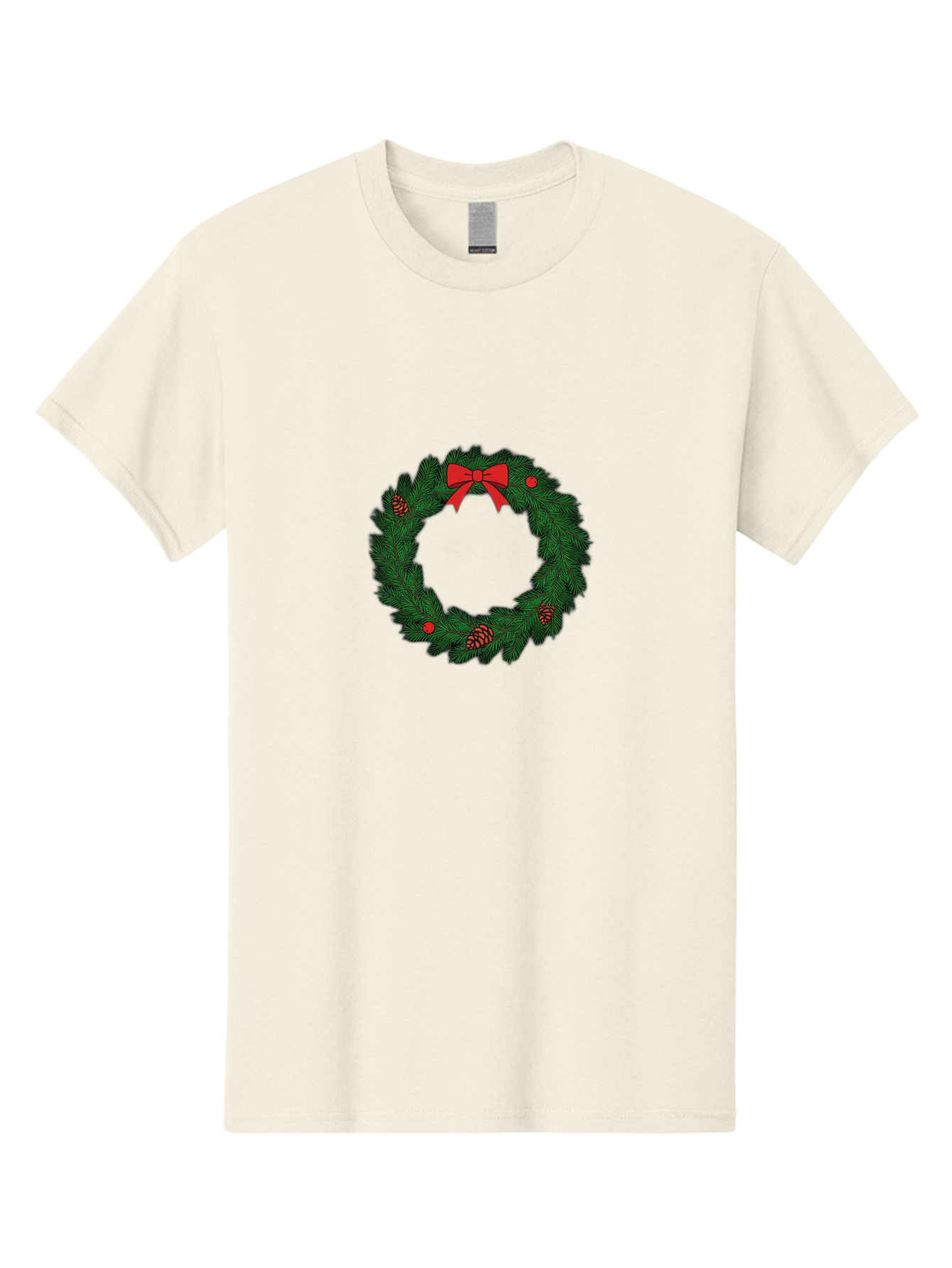 Christmas-Wreath Men'S Graphic Tee, 100% Cotton, Comfortable Casual Summer Wear, Machine Washable, Christmas Wreath, Evergreen Branches, Red Bow, Pinecones, Red Ornaments, Festive Decoration, Holiday Decor, Seasonal Design, Christmas Theme Bab759