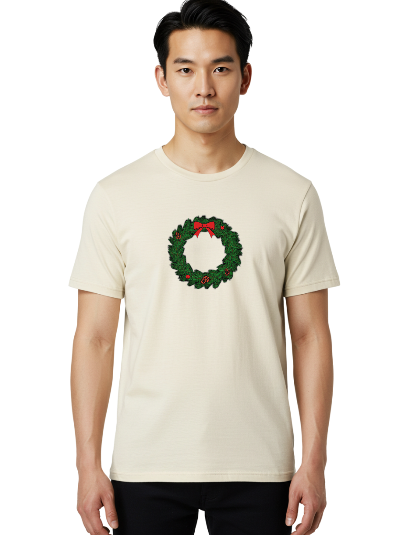 Christmas-Wreath Men'S Graphic Tee, 100% Cotton, Comfortable Casual Summer Wear, Machine Washable, Christmas Wreath, Evergreen Branches, Red Bow, Pinecones, Red Ornaments, Festive Decoration, Holiday Decor, Seasonal Design, Christmas Theme Bab759