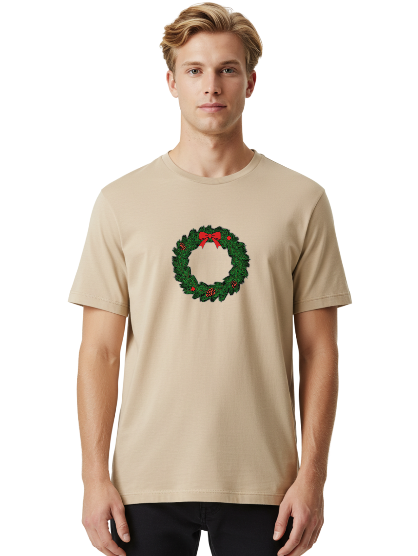 Christmas-Wreath Men'S Graphic Tee, 100% Cotton, Comfortable Casual Summer Wear, Machine Washable, Christmas Wreath, Evergreen Branches, Red Bow, Pinecones, Red Ornaments, Festive Decoration, Holiday Decor, Seasonal Design, Christmas Theme Bab759