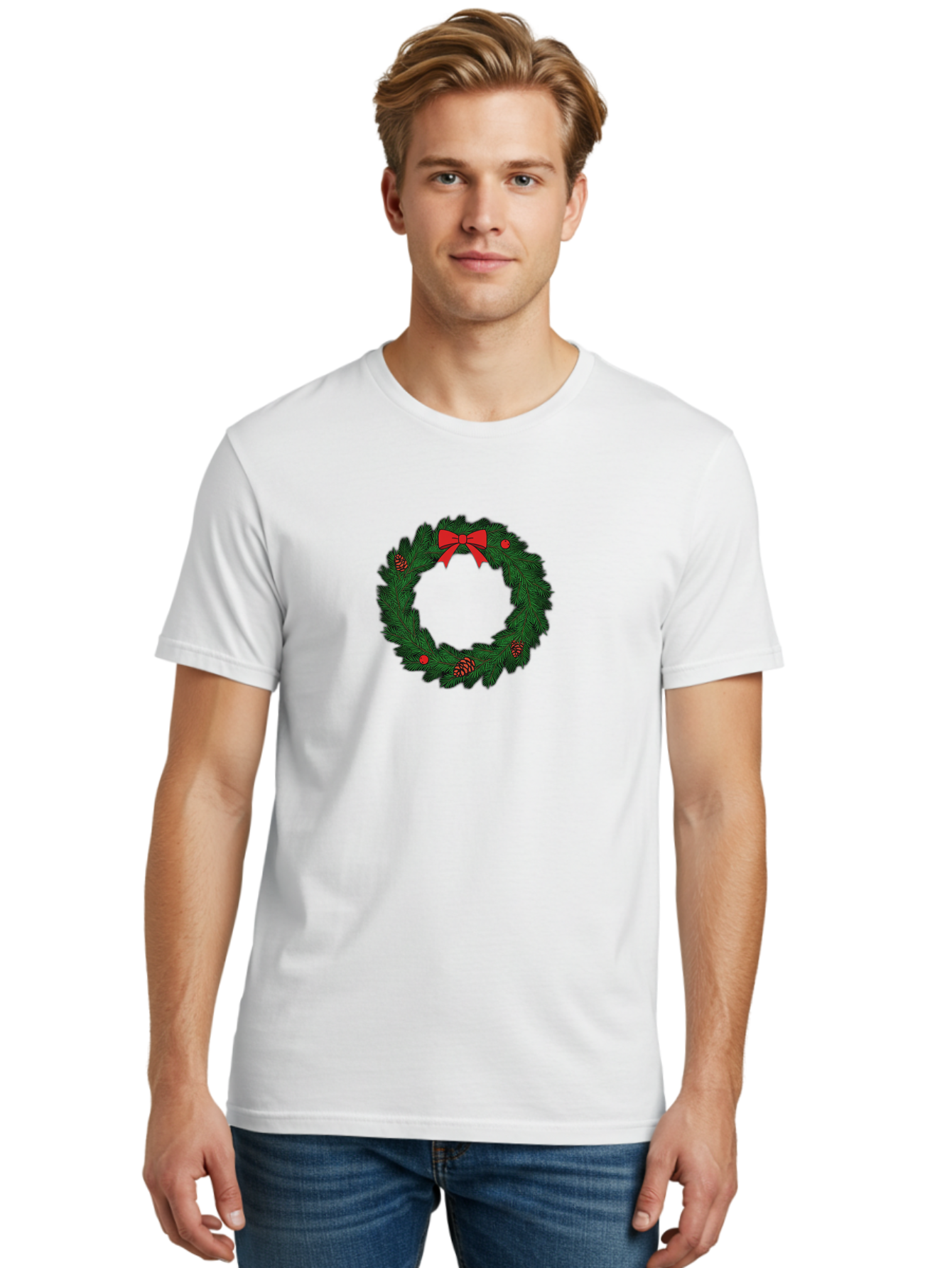 Christmas-Wreath Men'S Graphic Tee, 100% Cotton, Comfortable Casual Summer Wear, Machine Washable, Christmas Wreath, Evergreen Branches, Red Bow, Pinecones, Red Ornaments, Festive Decoration, Holiday Decor, Seasonal Design, Christmas Theme Bab759