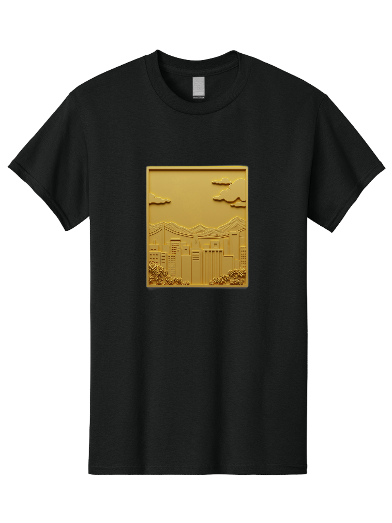 Cityscape Men'S Graphic Tee, 100% Cotton, Comfortable Casual Summer Wear, Machine Washable, Cityscape, Urban Landscape, Modern Architecture, Skyscrapers, Mountains, Clouds, 3D Artwork, Decorative Panel, Gold Tone, City View, Bab760
