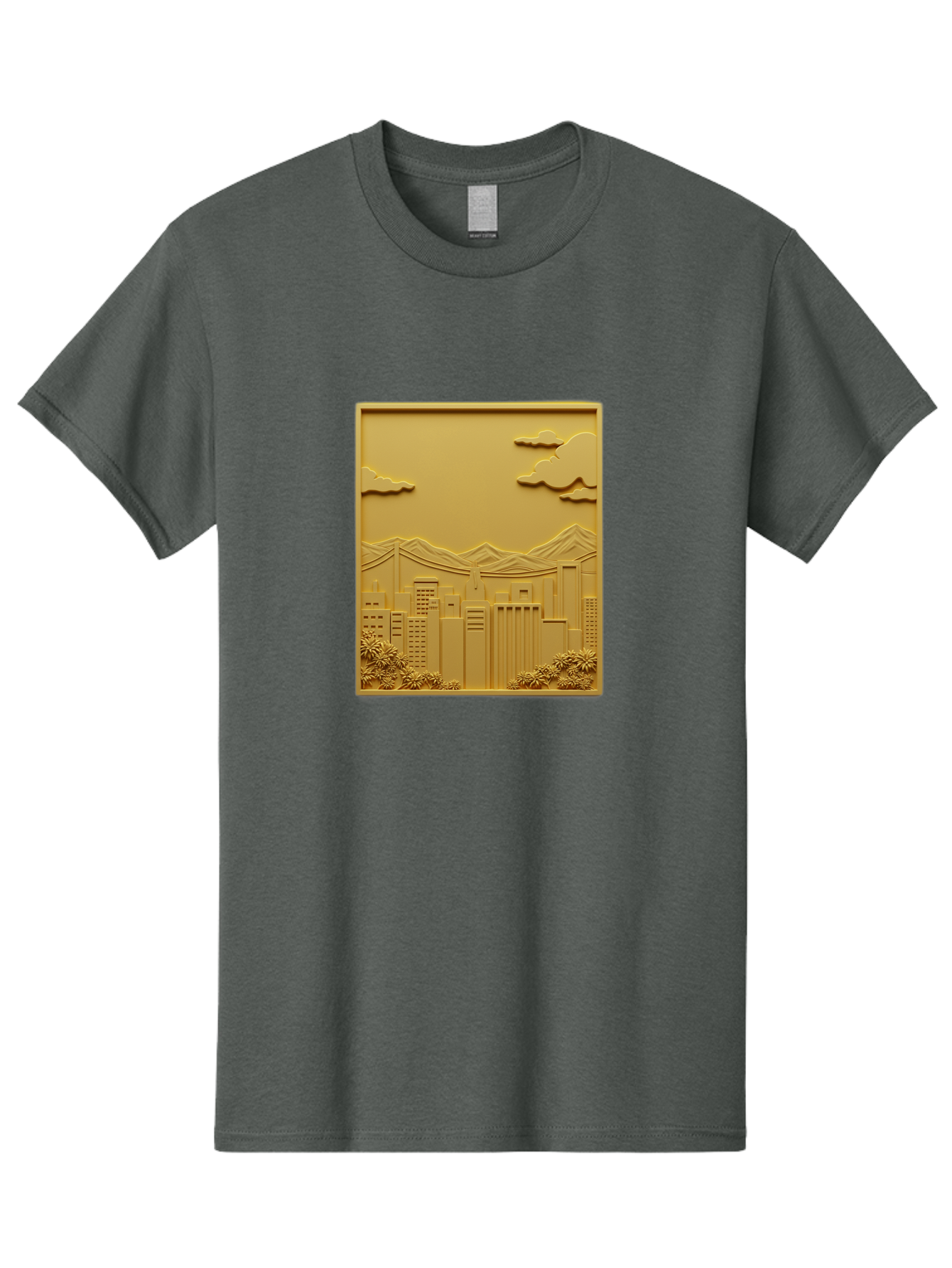 Cityscape Men'S Graphic Tee, 100% Cotton, Comfortable Casual Summer Wear, Machine Washable, Cityscape, Urban Landscape, Modern Architecture, Skyscrapers, Mountains, Clouds, 3D Artwork, Decorative Panel, Gold Tone, City View, Bab760